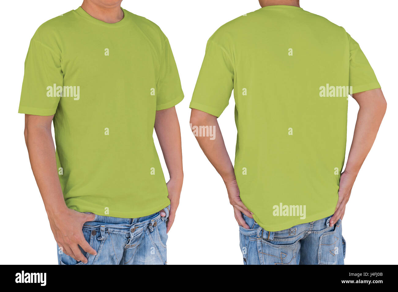 Homme portant le céleri blanc T-shirt with clipping path, vues avant et arrière. Modèle pour insérer un logo, motif, ou des œuvres d'art. Banque D'Images