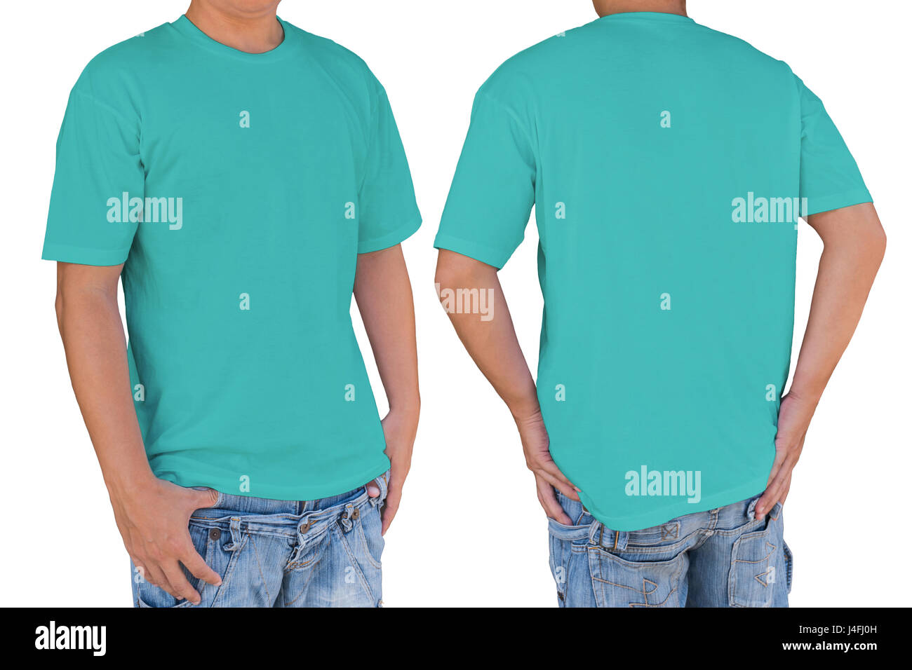 Homme portant un t-shirt cyan vide avec chemin de détourage, vues avant et arrière. Modèle pour insérer un logo, motif, ou des œuvres d'art. Banque D'Images