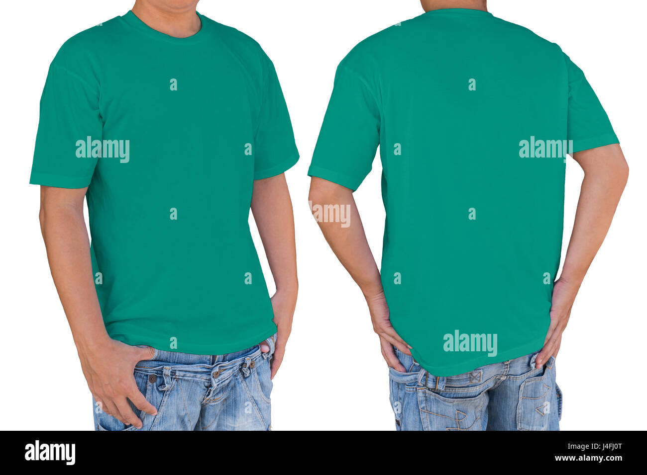 Homme portant blank cyan foncé t-shirt with clipping path, vues avant et arrière. Modèle pour insérer un logo, motif, ou des œuvres d'art. Banque D'Images