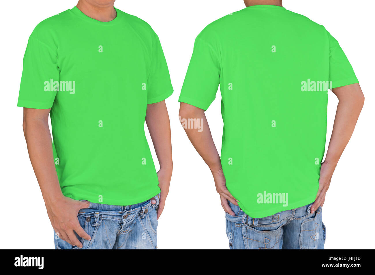 Homme portant vert pastel blanc T-shirt with clipping path, vues avant et arrière. Modèle pour insérer un logo, motif, ou des œuvres d'art. Banque D'Images