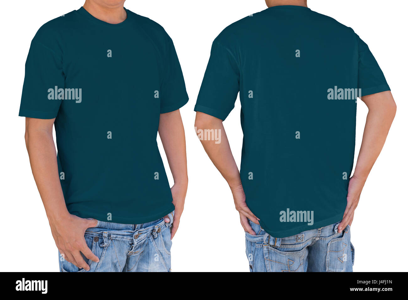 Homme portant la couleur bleu Sherpa blanc T-shirt with clipping path, vues avant et arrière. Modèle pour insérer un logo, motif, ou des œuvres d'art. Banque D'Images