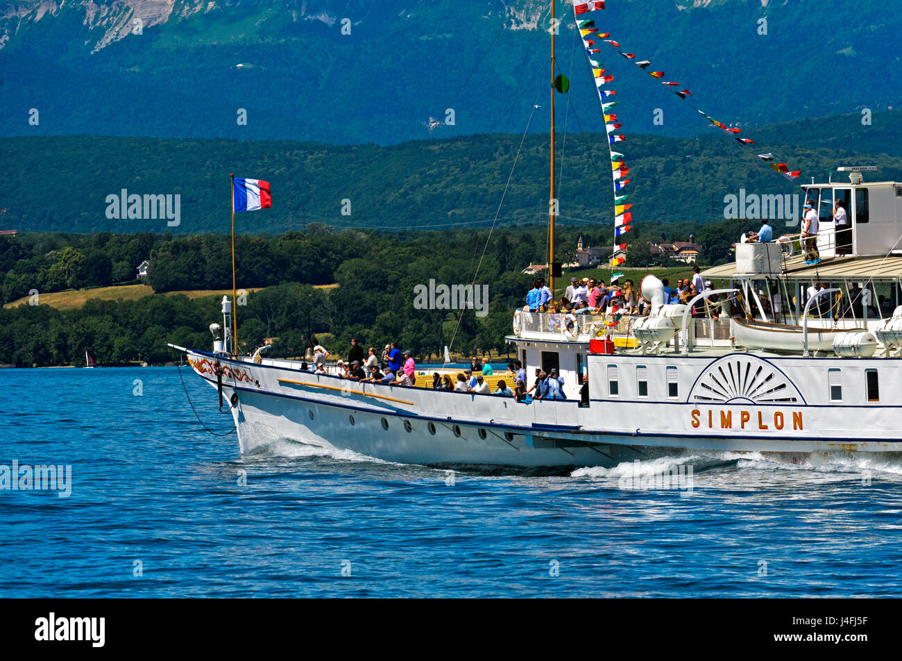 Bateau à roue à aubes Simplon sur le lac de Genève, Genève, Suisse Banque D'Images