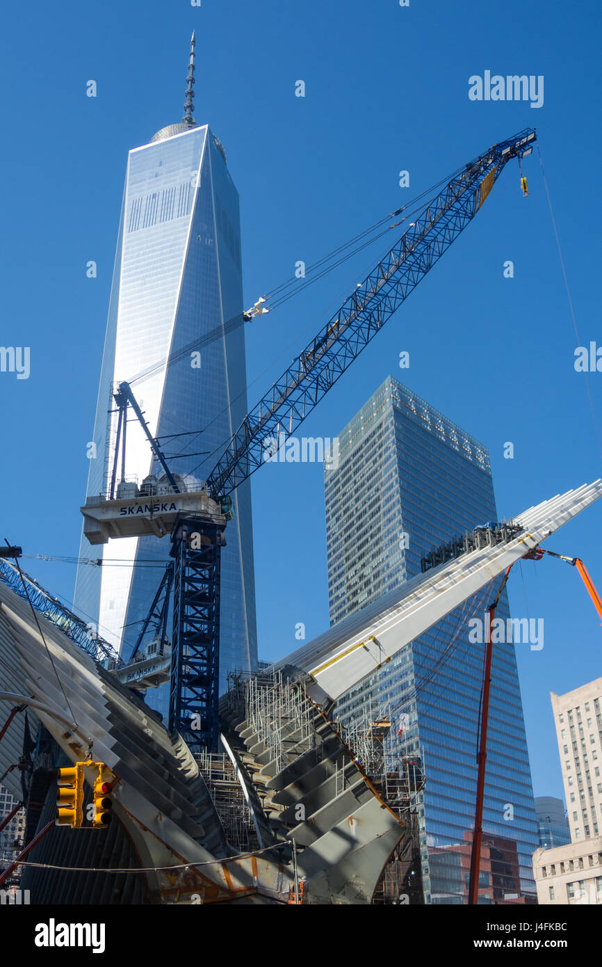 Construction grue vue Westfield World Trade Center New York Manhattan Banque D'Images