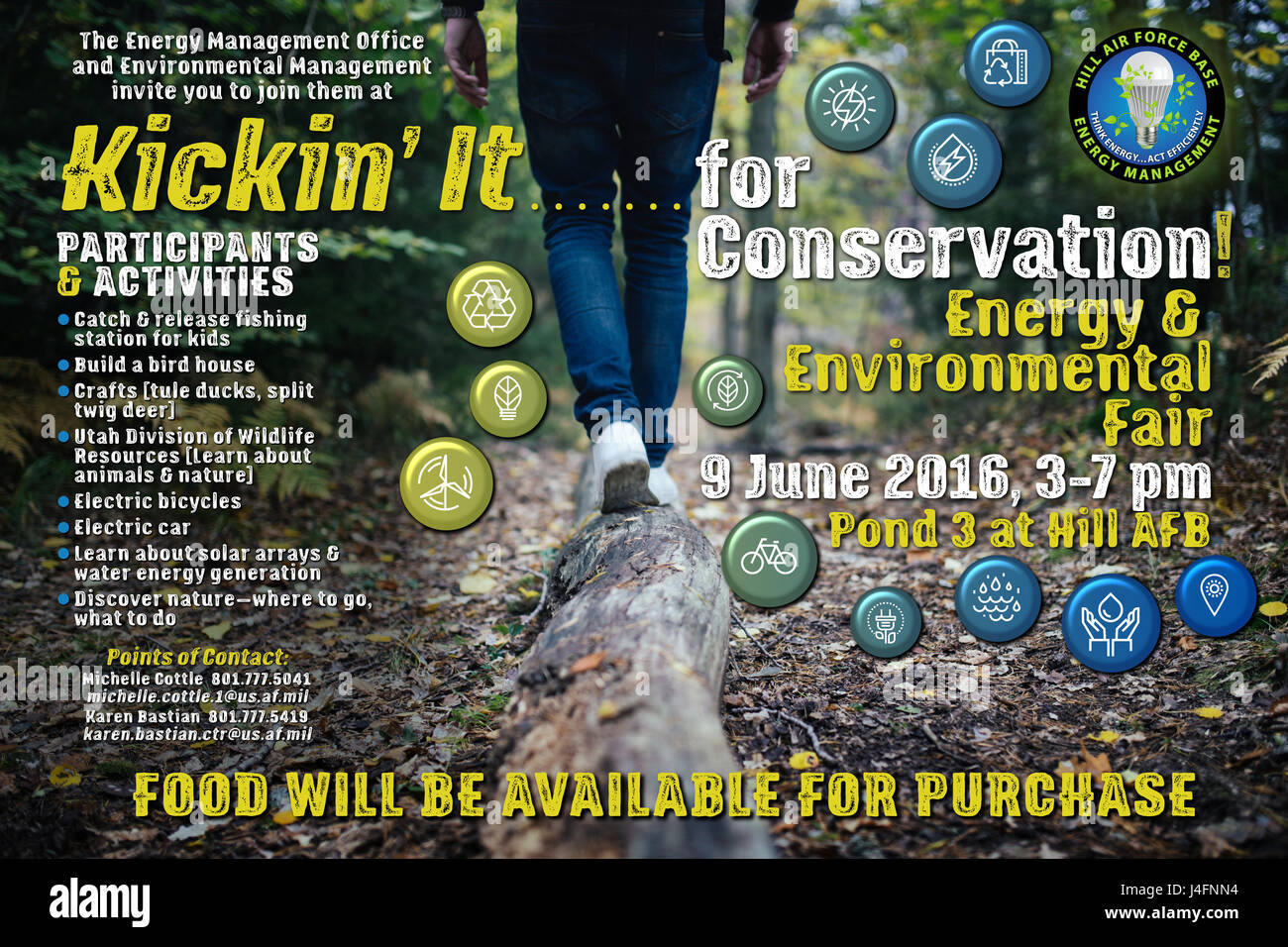 Le Bureau de gestion de l'énergie BASE AÉRIENNE Hill et de la gestion environnementale ont co-parrainé un Energy & Environmental Fair intitulé, "Kickin' il pour la conservation" qui a eu lieu à l'extérieur à l'étang 3, à Colline AFB le 9 juin 2016. Les verts et bleus de la conception, de même que les icônes de l'environnement a contribué à souligner le thème reliées à la nature de cet événement. Ce projet a été demandé par l'Hill Air Force Base Bureau de gestion de l'énergie. (U.S. Air Force graphic/Kent Bingham) Banque D'Images