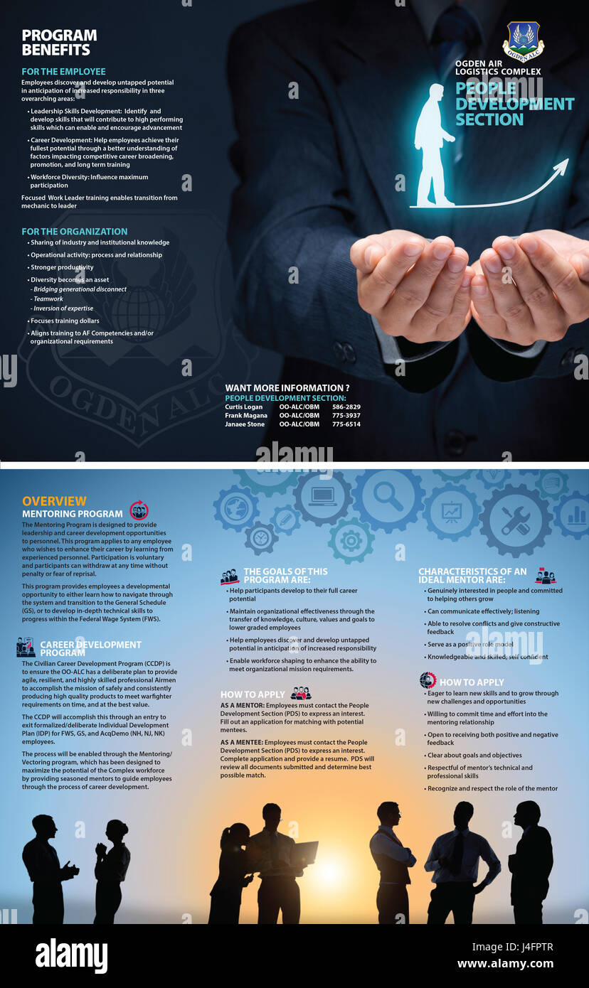 Le complexe logistique Air Ogden, situé à Hill Air Force Base, UT, a une section de développement de personnes - un programme pour aider à travers une carrière civile Programme de mentorat et civil Programme de développement de carrière (CCDP). Cette brochure en trois volets est la ressource pédagogique pour informer et promouvoir ce nouveau programme. (U.S. Air Force/graphique David Perry) Banque D'Images