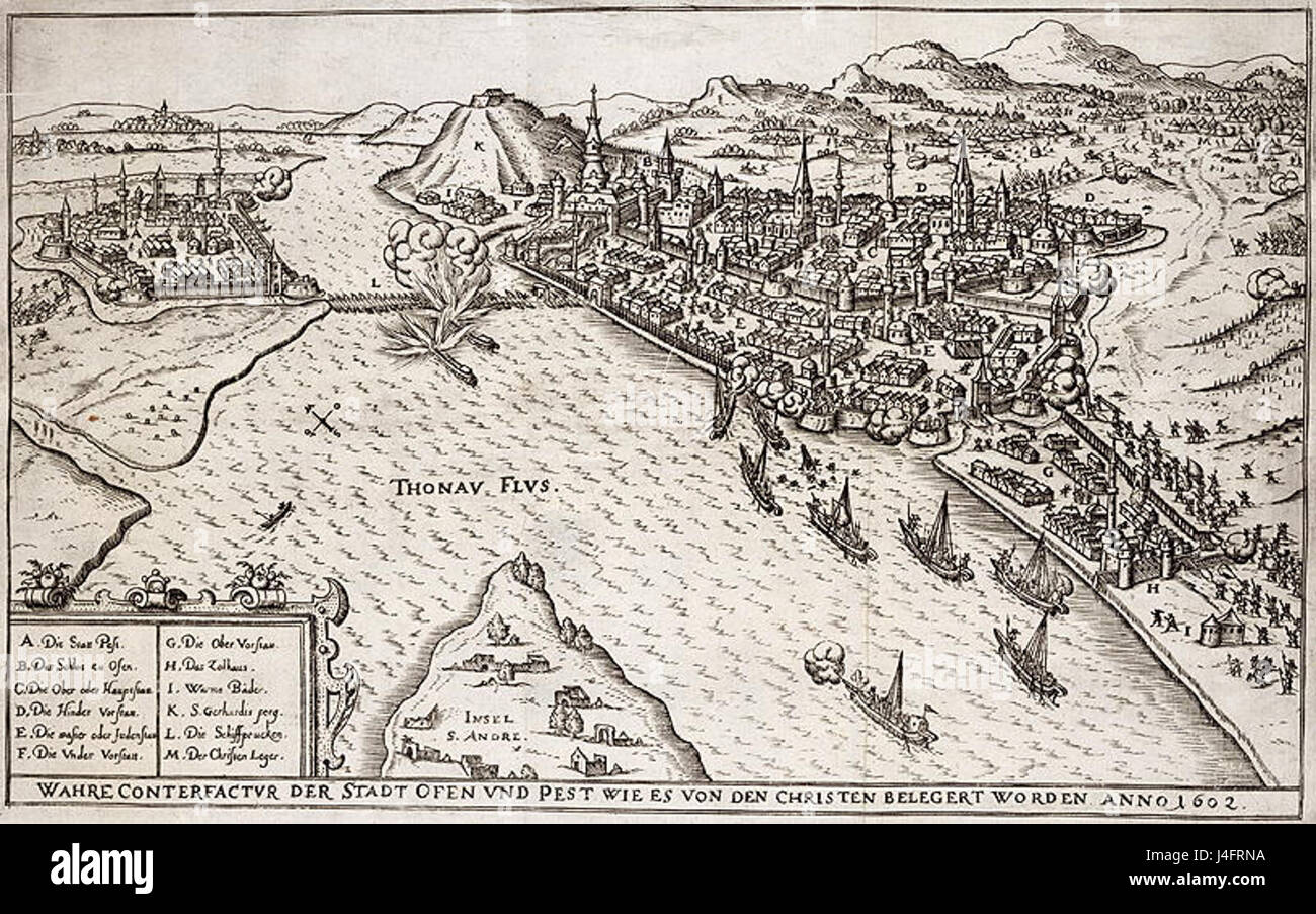 Le siège de Buda en 1602 fut un événement militaire clé pendant les guerres ottomane-Habsbourg. Les forces des Habsbourg assiégèrent la ville de Buda, qui était sous contrôle ottoman, et le siège joua un rôle important dans le conflit en cours entre les deux puissances. Banque D'Images