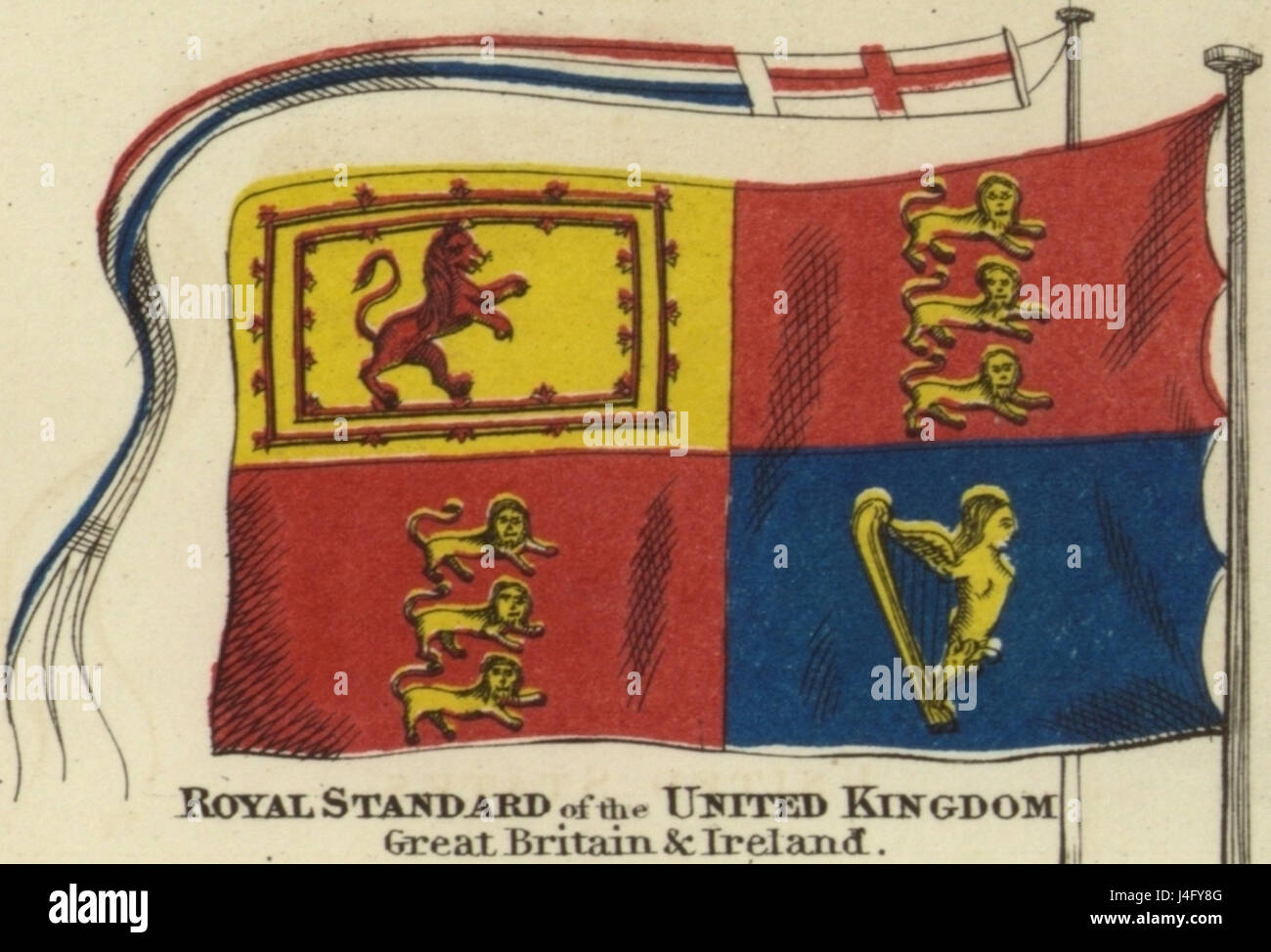 Le Royal Standard du Royaume-Uni est un symbole de la monarchie britannique, utilisé pour représenter la monarchie et sa souveraineté. Le graphique de 1868, conçu par Johnson, présente des emblèmes nationaux associés à la Grande-Bretagne et à l'Irlande, illustrant les riches traditions héraldiques du Royaume-Uni. Banque D'Images