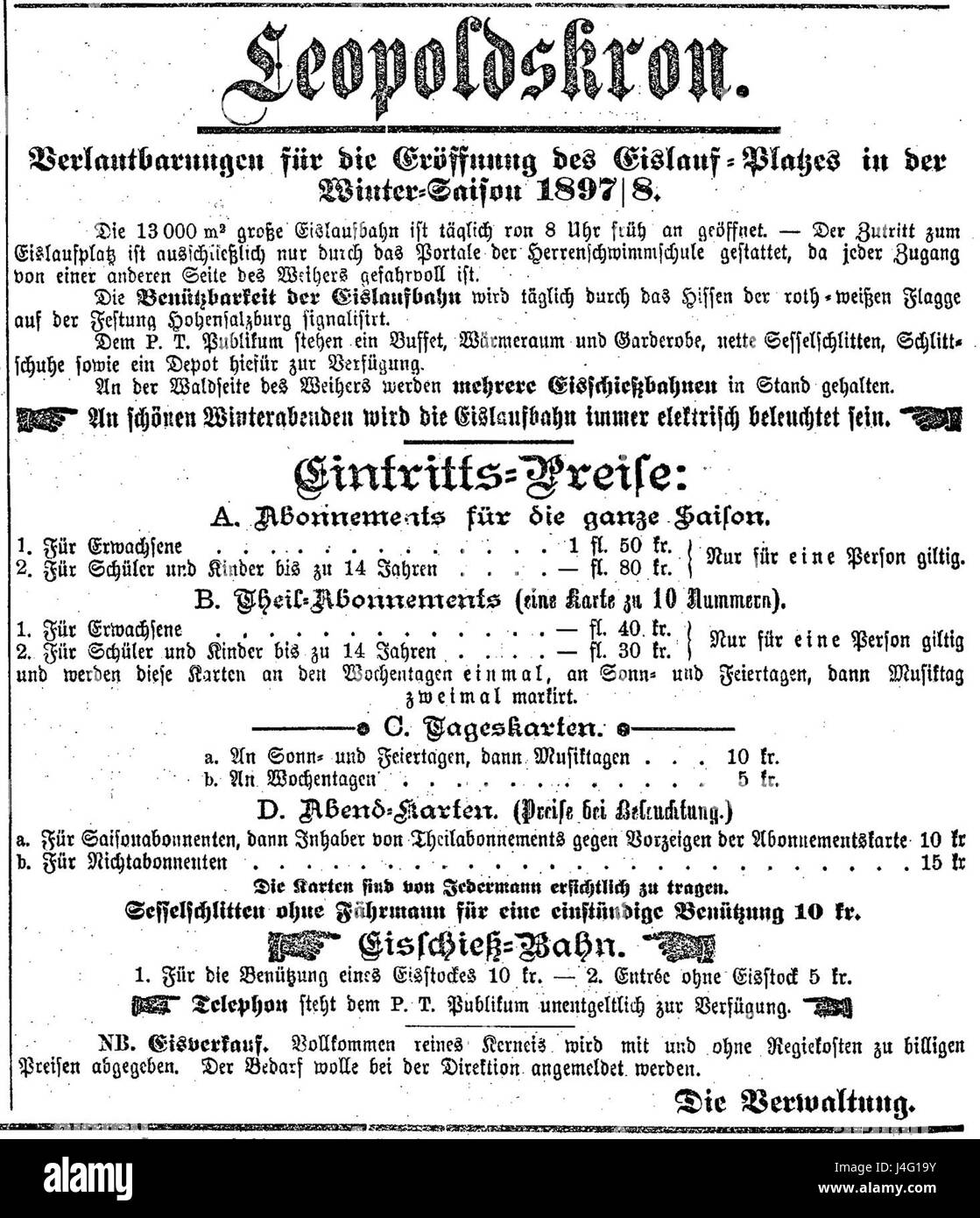 Une image de la patinoire Leopoldskron à Salzbourg, Autriche, prise le 22 décembre 1897. La patinoire était une destination populaire pendant les mois d'hiver et est un monument historique dans l'histoire des loisirs de Salzbourg. Banque D'Images