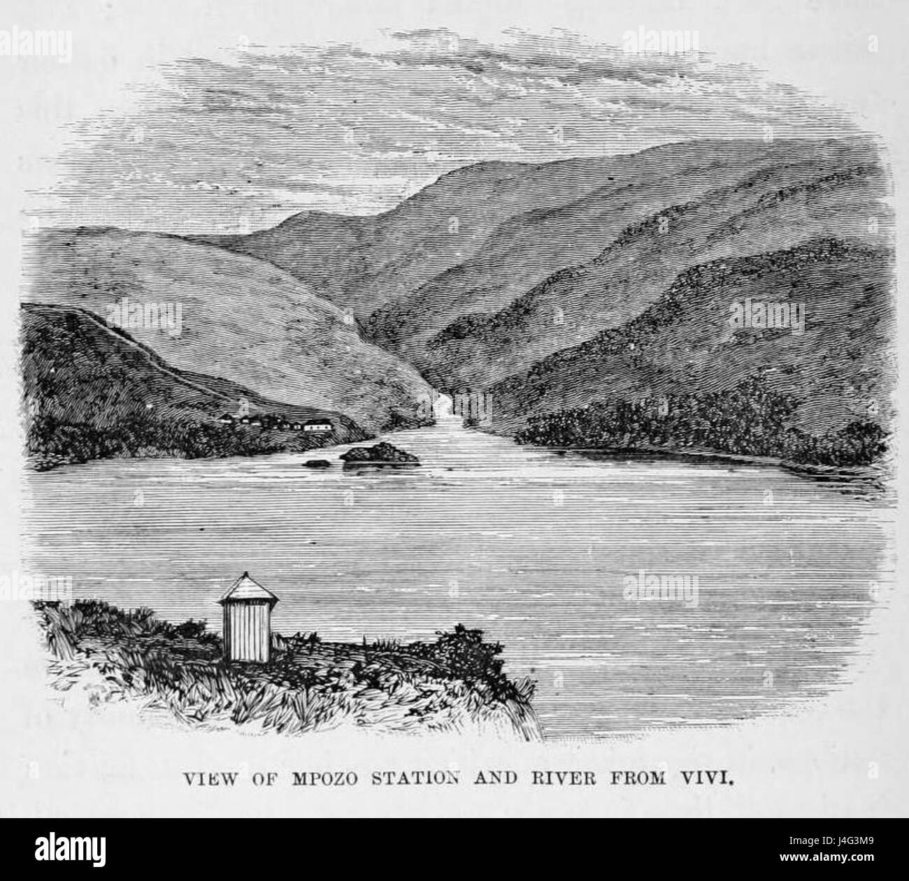 Stanley Fondation de l'Etat libre du Congo 218 Vue sur la rivière Mpozo et station de Vivi Banque D'Images