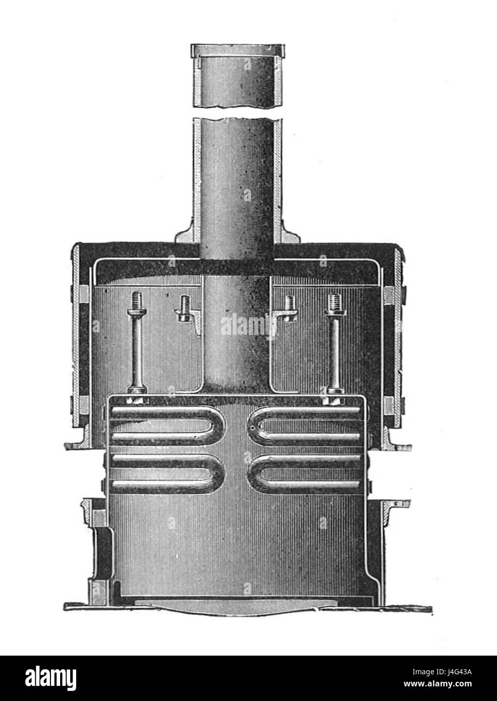 Cette section tirée de « Modern Engines, vol V » de Rankin Kennedy illustre une petite chaudière marine à tube en épingle à cheveux. Il met en lumière la conception et l'ingénierie des chaudières utilisées dans les environnements marins à l'ère industrielle, en mettant l'accent sur l'efficacité et la durabilité. Banque D'Images