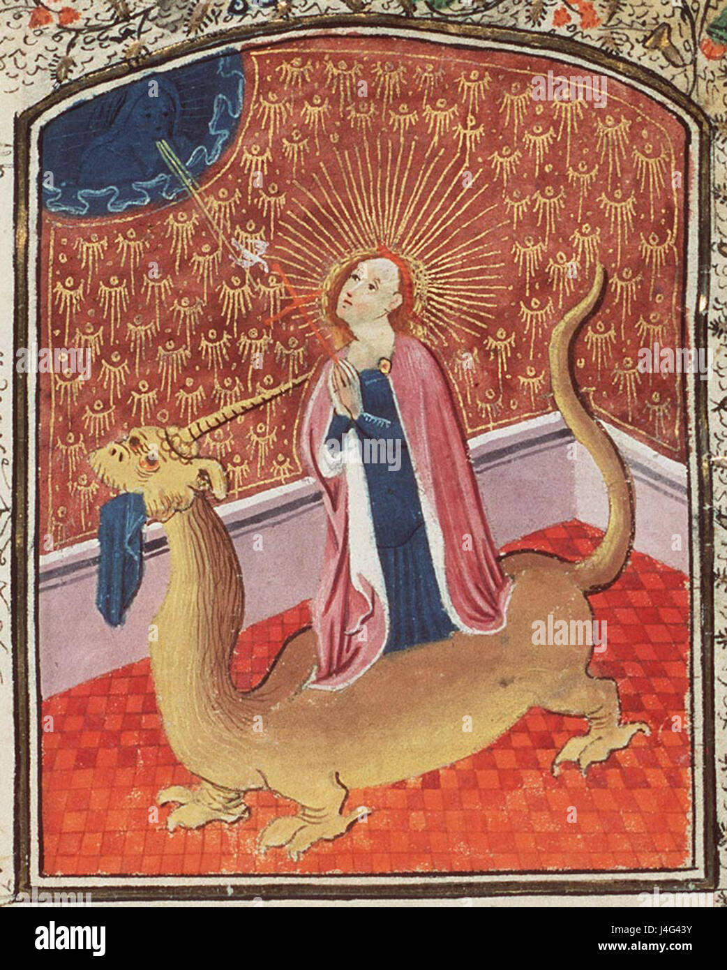 Marguerite d'Antioche est une sainte chrétienne vénérée pour sa foi et son courage. Elle est connue pour son histoire légendaire de survie et de dévotion à Dieu, souvent représentée dans l'art comme une jeune femme avec un dragon. Banque D'Images