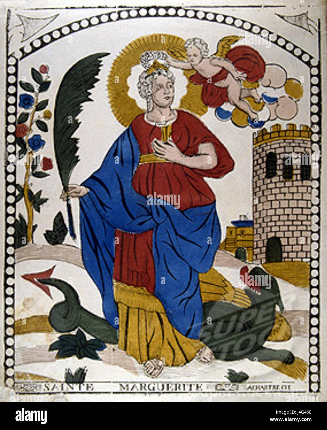 Sainte Marguerite d'Antioche est une martyr chrétienne et sainte du IIIe siècle, connue pour sa foi inébranlable et son dévouement au christianisme. Elle est souvent représentée comme une jeune femme tenant une croix ou un dragon, symbolisant son triomphe sur le mal. Banque D'Images