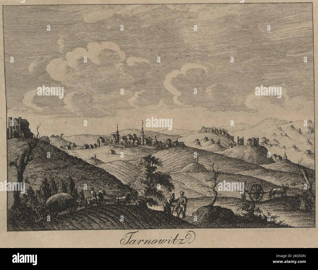 Le panorama de Tarnowitz fait probablement référence à une représentation scénique ou artistique de Tarnowitz, une ville de haute-Silésie, qui fait maintenant partie de la Pologne. L'image panoramique capture le paysage et les caractéristiques de la ville. Banque D'Images