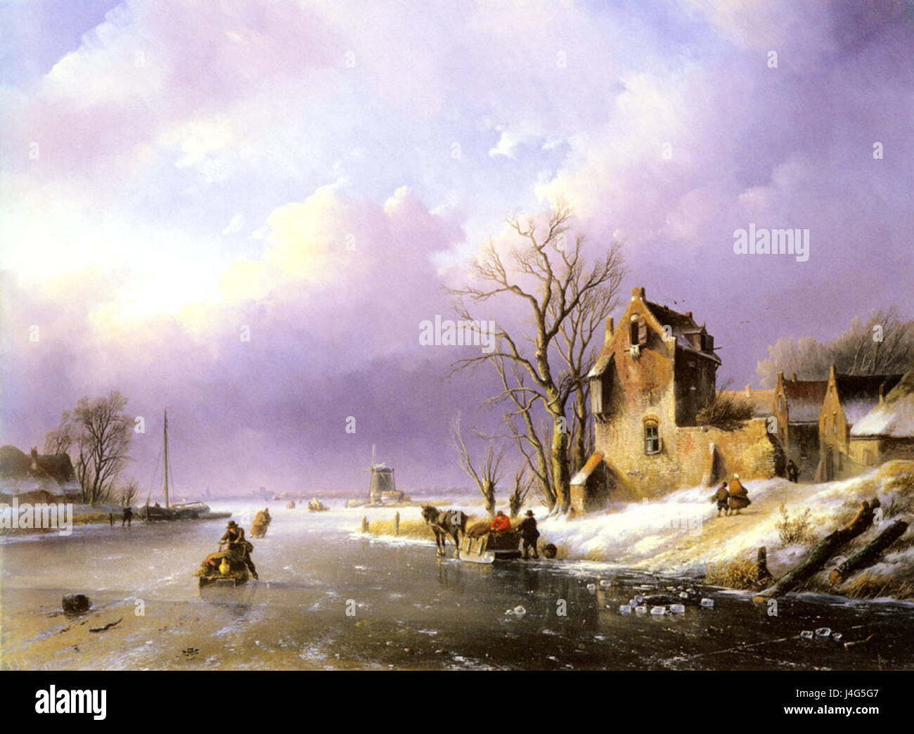 Jan Jacob Spohler paysage d'hiver avec des figures sur une rivière gelée Banque D'Images