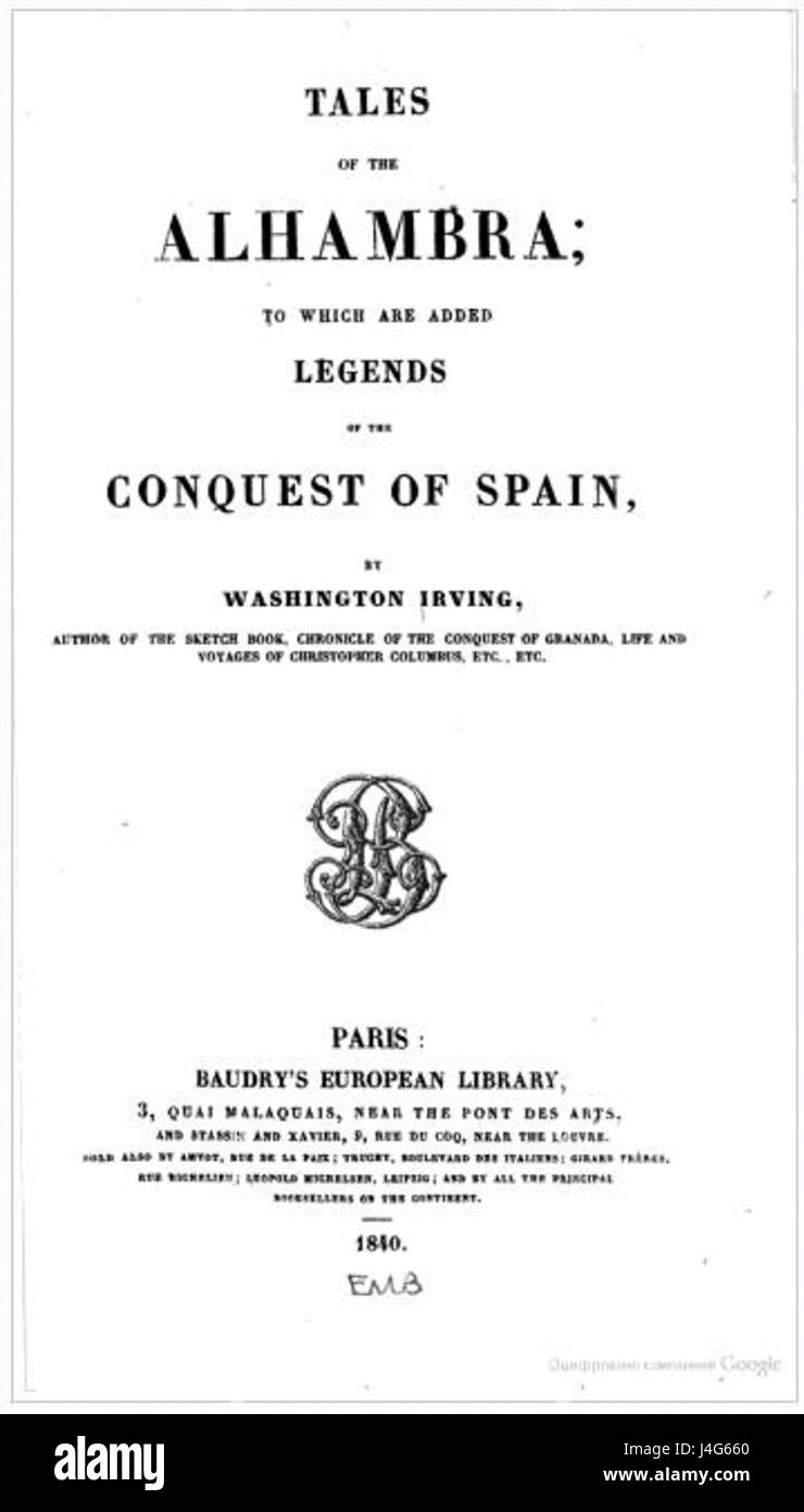 Les 'contes de l'Alhambra' est un recueil d'essais et d'histoires de Washington Irving, écrits pendant son séjour en Espagne. Les histoires reflètent l'histoire, la culture et les légendes de l'Alhambra, un palais historique de Grenade. Banque D'Images