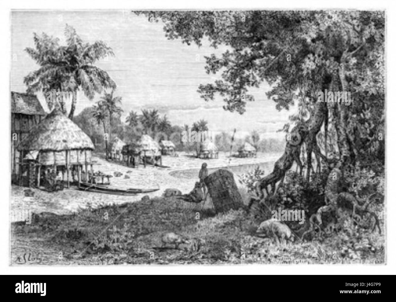 Le village de Sawi sur car Nicobar, une petite île des îles Nicobar, a probablement été représenté en 1895, capturant un instantané de la vie et de la culture de cette communauté insulaire éloignée. Banque D'Images