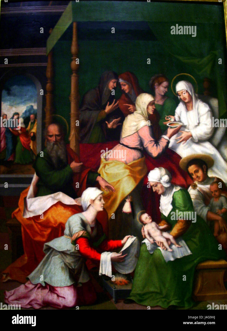 La 'Tabla del nacimiento de San Juan' est une peinture religieuse représentant la naissance de Saint Jean Baptiste. Cette œuvre espagnole reflète les thèmes religieux et les styles artistiques de son époque. Banque D'Images