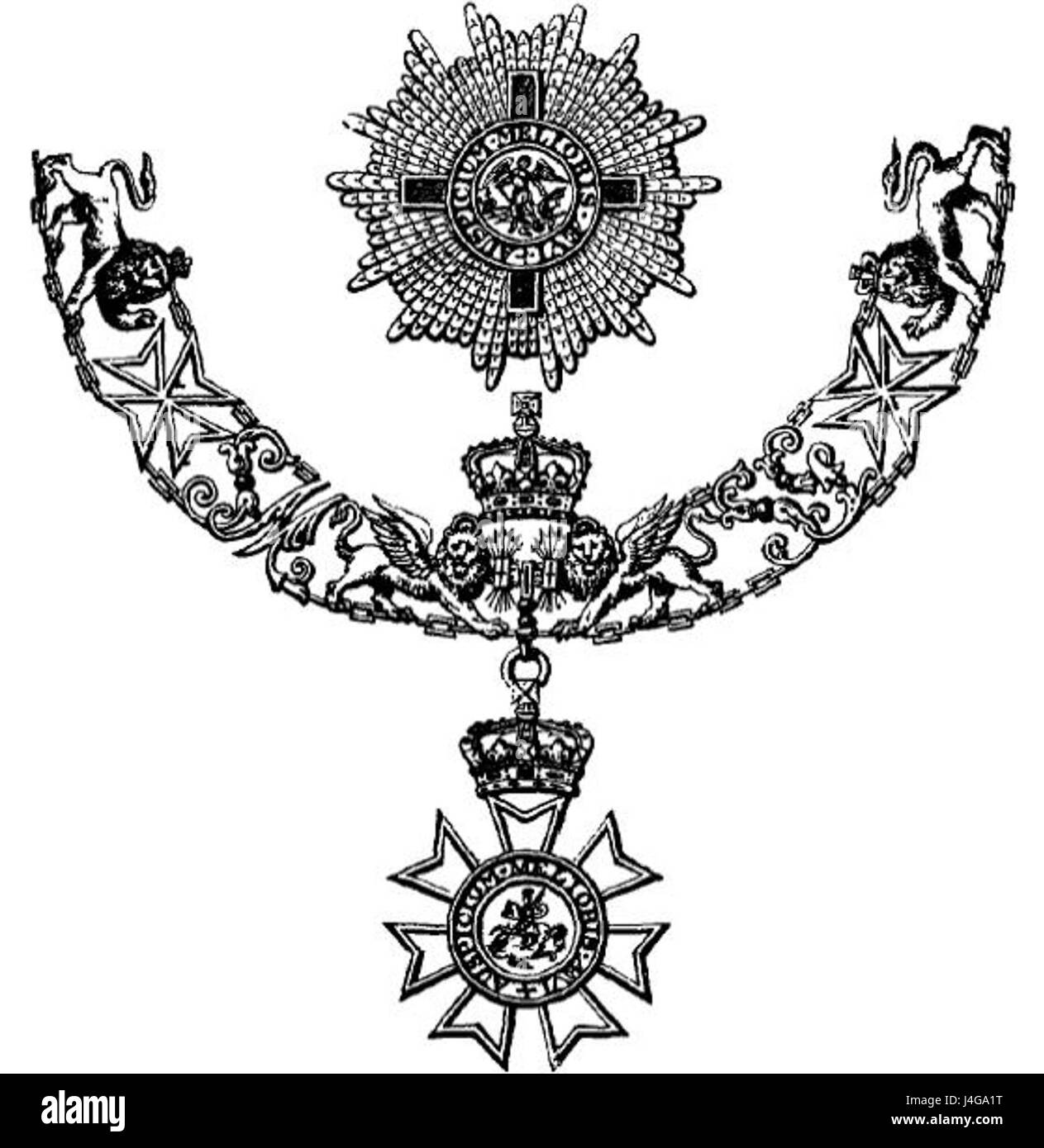 L'insigne Michael et George est un honneur décerné par le gouvernement britannique pour les services rendus au Commonwealth et aux affaires étrangères. Créé en 1818, il reconnaît les contributions importantes dans les domaines de la diplomatie, du service extérieur et des relations internationales. L'insigne comprend une médaille et un ruban portés par les récipiendaires comme marque de distinction. Banque D'Images
