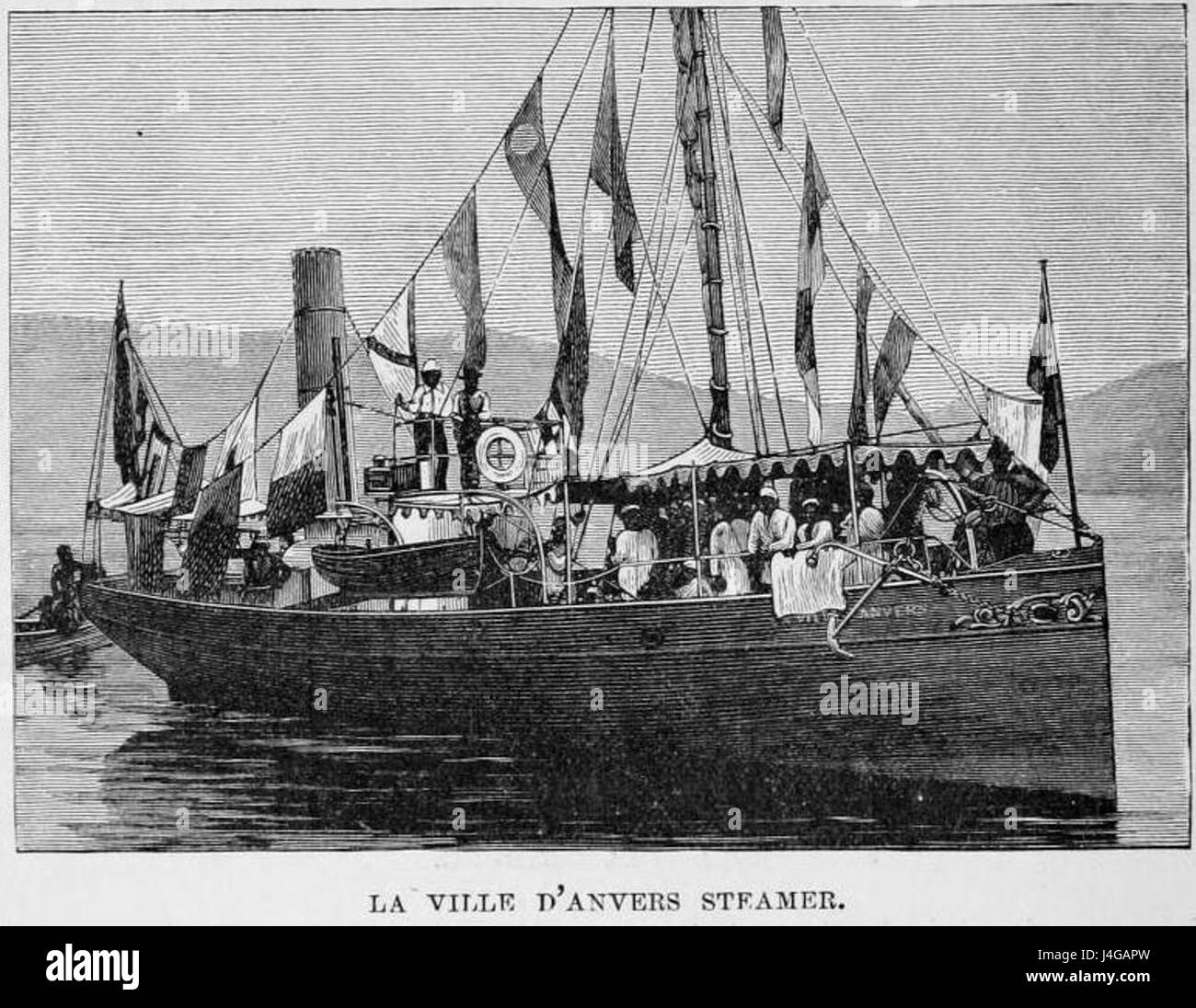 Cette image représente probablement un moment historique lié à Henry Morton Stanley et à la fondation de l'État libre du Congo. Le bateau à vapeur *la ville d'Anvers* fut probablement utilisé pendant l'expédition. L'État libre du Congo a été créé en 1885 sous le roi Léopold II de Belgique, et les expéditions de Stanleyâ€™ ont joué un rôle majeur dans cette période controversée de l'histoire coloniale. Banque D'Images