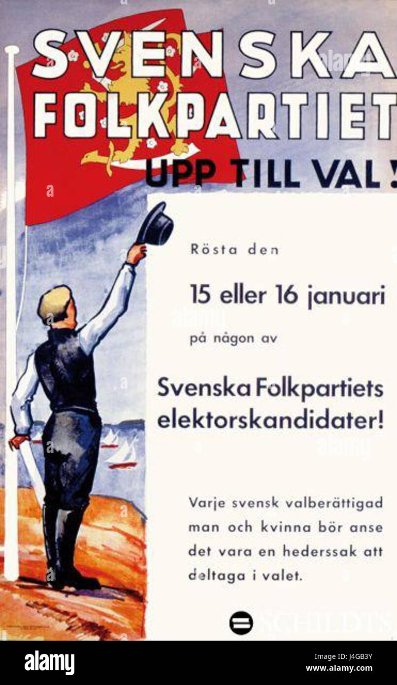 L'affiche électorale du Svenska folkpartiet (Parti populaire suédois) représente un mouvement politique en Suède. Historiquement, le parti s'est concentré sur la défense des droits des Finlandais de langue suédoise et de leur représentation politique dans la politique suédoise. Banque D'Images