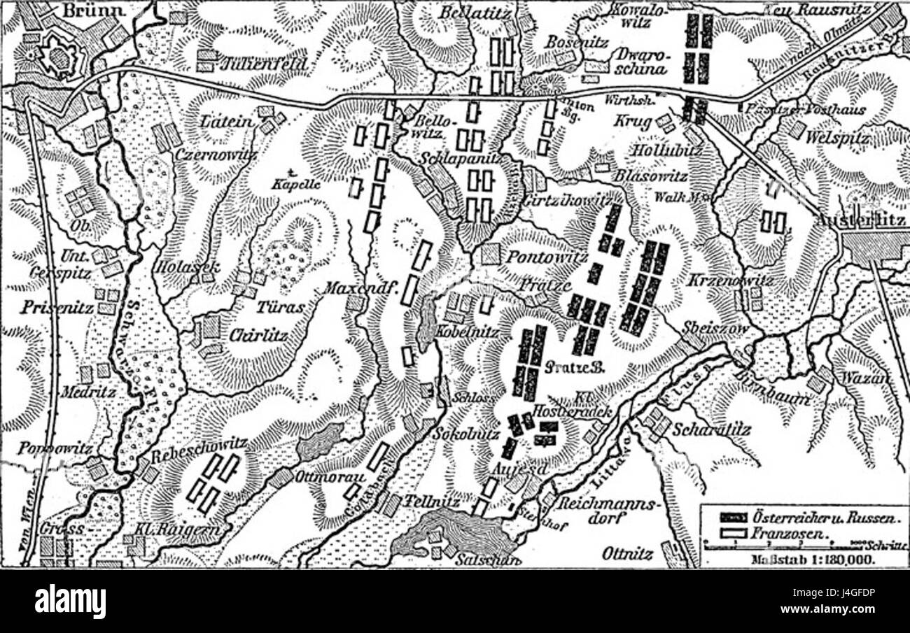 La bataille d'Austerlitz, livrée en 1805, fut un engagement important pendant les guerres napoléoniennes. Les forces françaises de Napoléon ont vaincu de manière décisive les armées russe et autrichienne, consolidant sa réputation comme l'un des plus grands tacticiens militaires de son temps. Banque D'Images