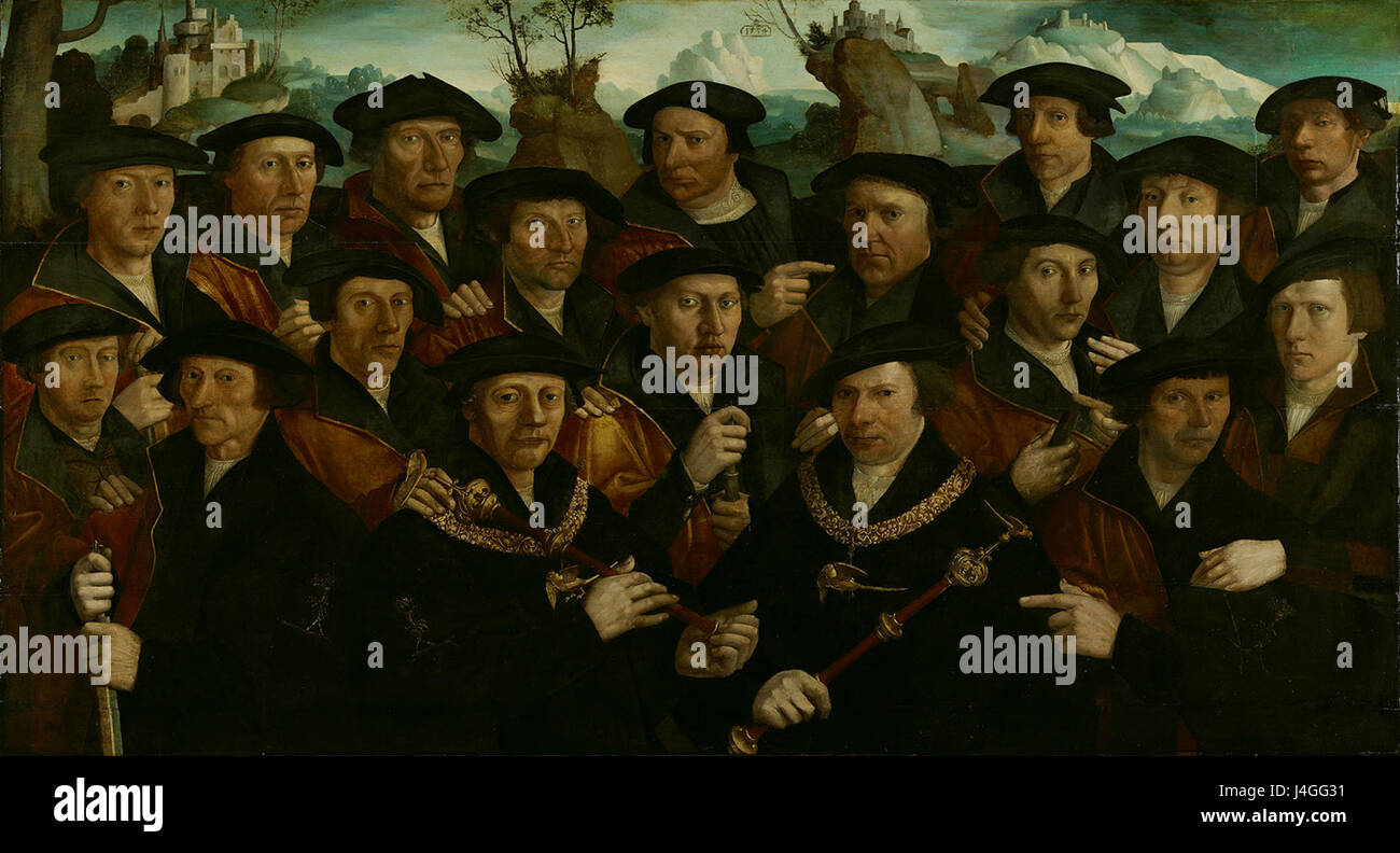 Cette œuvre, intitulée 'sa 7300 Rot van de Kloveniers', représente une scène historique avec deux rois de tireurs et dix-huit personnages. C'est un portrait détaillé d'un moment historique de l'âge d'or néerlandais. Banque D'Images