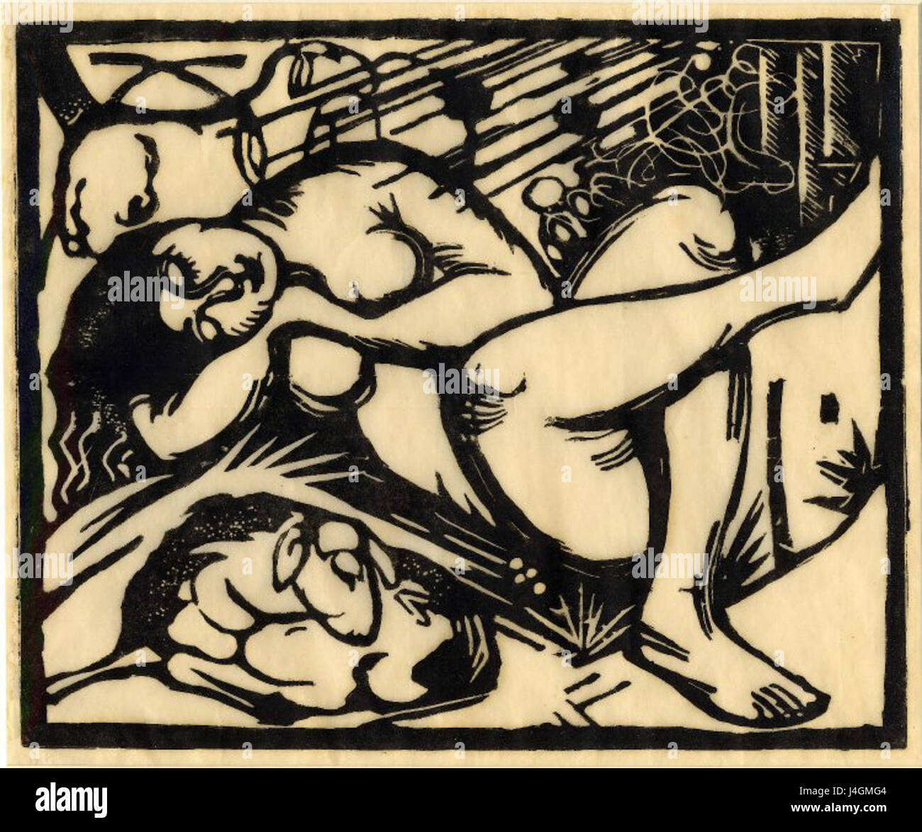 'Schlafende Hirtin' (Berger endormi) de Franz Marc est une peinture à l'huile de 1912. Marc était une figure clé de l'expressionnisme allemand, et l'œuvre reflète probablement des thèmes de la nature et de l'expression émotionnelle à travers des couleurs vibrantes et l'abstraction. Banque D'Images 'Schlafende Hirtin' (Berger endormi) de Franz Marc est une peinture à l'huile de 1912. Marc était une figure clé de l'expressionnisme allemand, et l'œuvre reflète probablement des thèmes de la nature et de l'expression émotionnelle à travers des couleurs vibrantes et l'abstraction. Banque D'Images
