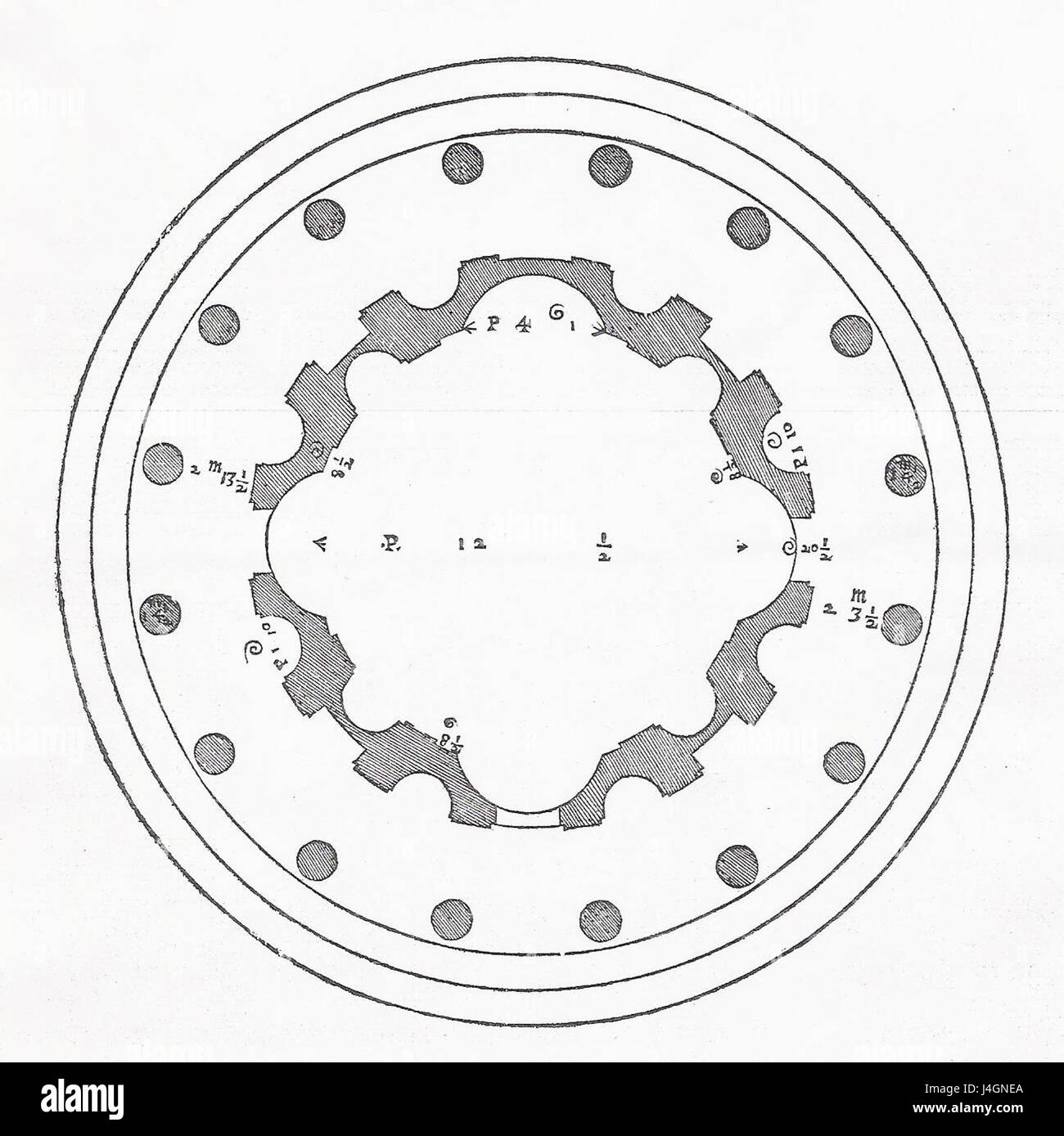 Le Tempietto, conçu par Andrea Palladio, est un petit temple emblématique construit dans le style Renaissance. Cette gravure sur bois, ou « houtsnede », offre une représentation détaillée de la structure, mettant en valeur l'influence architecturale de Palladio sur l'époque. Le bâtiment est célèbre pour sa forme classique et son design symétrique, symbolisant les idéaux de la Renaissance en architecture. Banque D'Images