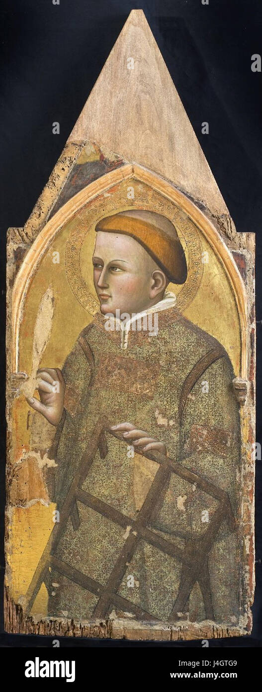 Une représentation du polyptyque de San Lorenzo de 1350 à 60, partie d'une œuvre religieuse plus grande exposée à la Galleria Nazionale dell'Umbria, présentant des religieux médiévaux Banque D'Images