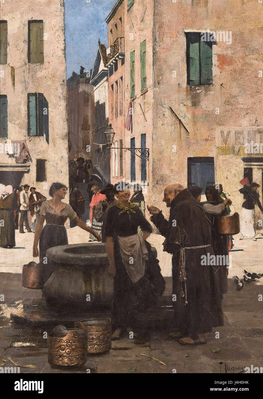 Une peinture de Teodor Axentowicz, intitulée 'Przy studni' (au puits), représentant une scène rurale où des personnages se rassemblent autour d'un puits. L'œuvre d'art capture la simplicité de la vie rurale et la maîtrise du artistâ€™s dans la représentation des moments quotidiens. Banque D'Images