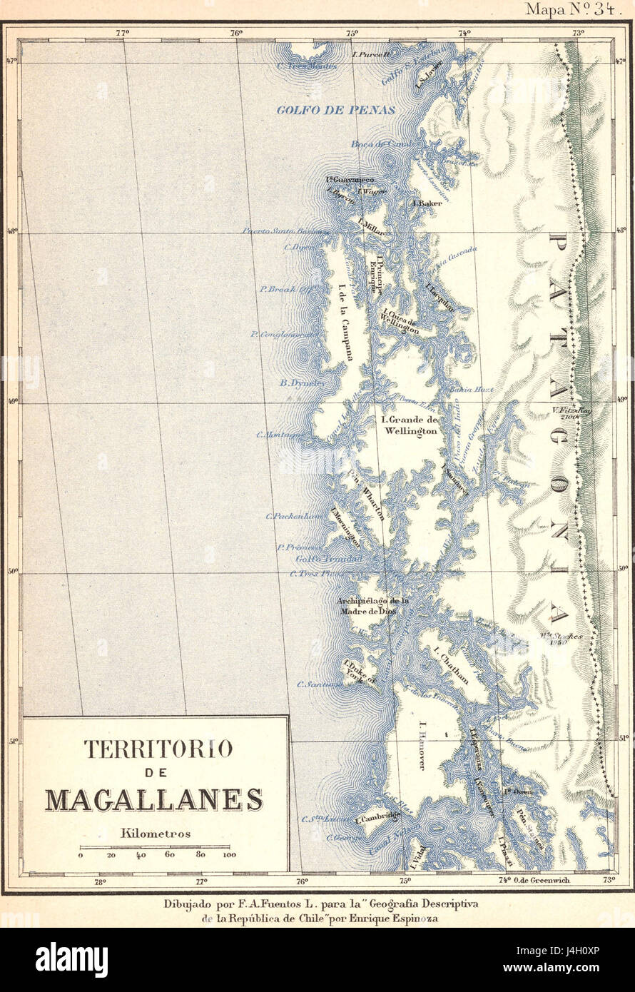 'Territorio de Magallanes' est une carte historique de 1895, illustrant les limites géographiques et les caractéristiques de la région de Magallanes en Amérique du Sud. Cette carte offre un aperçu des divisions territoriales et de l'exploration de la région à la fin du XIXe siècle. Banque D'Images