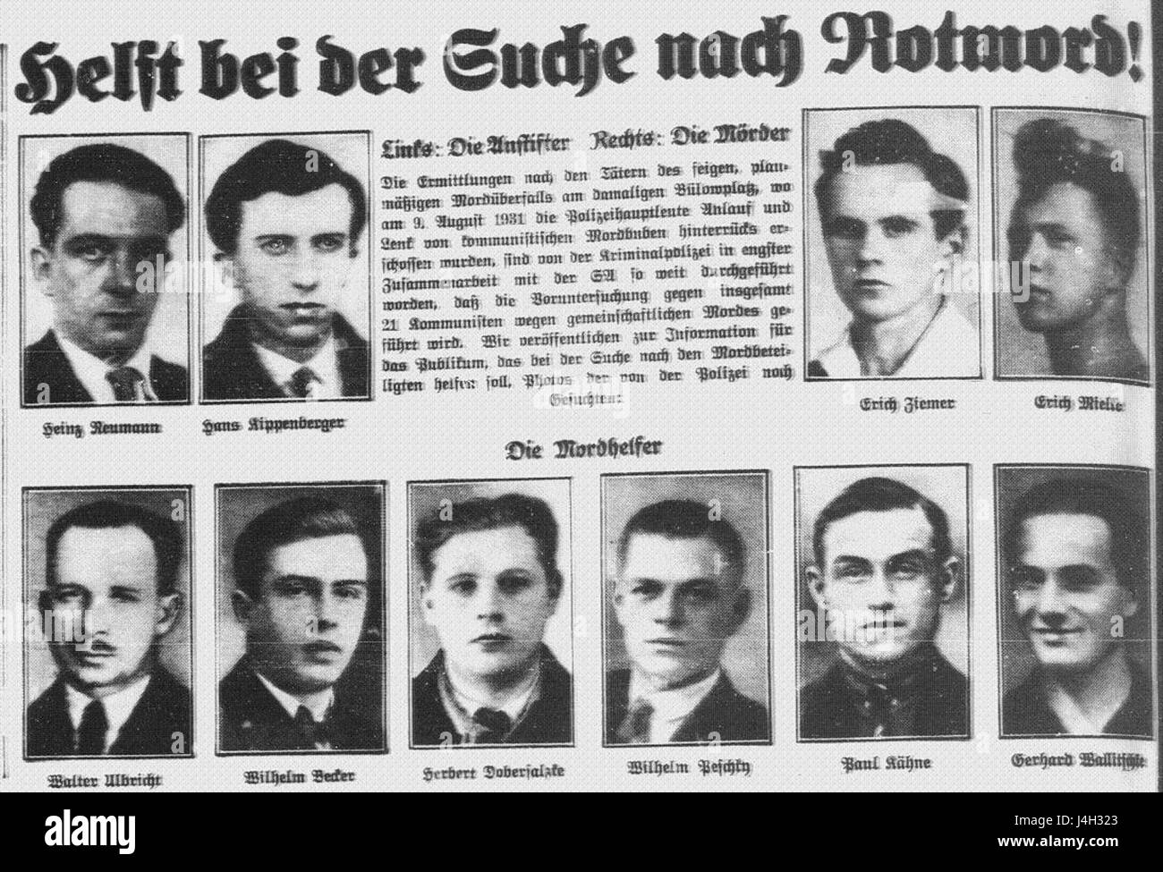 Cette affiche de recherche de « Rotmord » de 1933 par la police de Berlin est un exemple de documentation criminelle historique en Allemagne, reflétant les troubles politiques et sociaux de cette époque. Banque D'Images