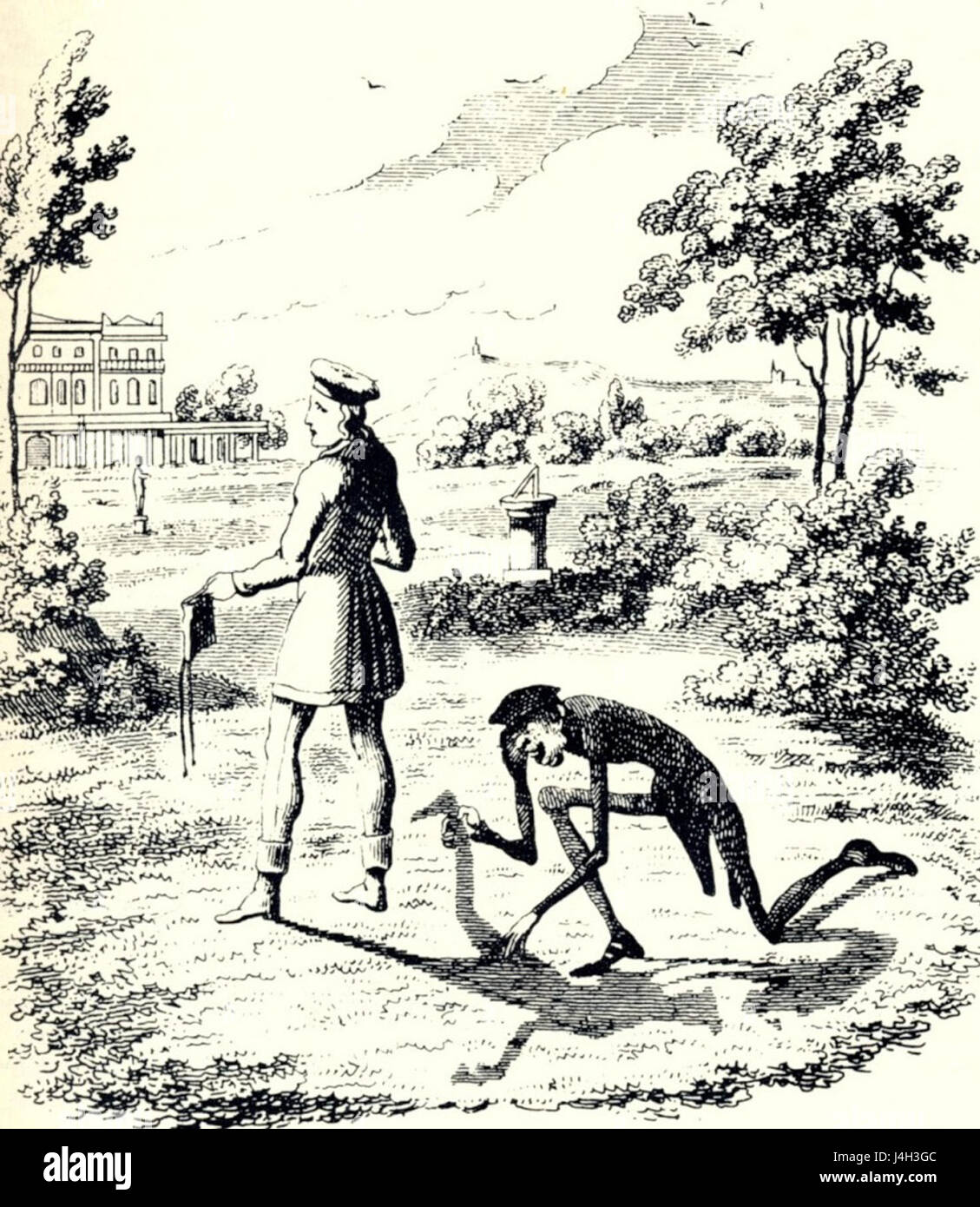 Schlemihl est un personnage de la littérature allemande, apparaissant le plus célèbre dans le roman 'la carrière du jeune Schlemihl' d'Adalbert von Chamisso. L'histoire de Schlemihl tourne autour d'un homme qui perd son ombre et fait face à une série de mésaventures, symbolisant des thèmes d'identité et d'aliénation sociale. Banque D'Images