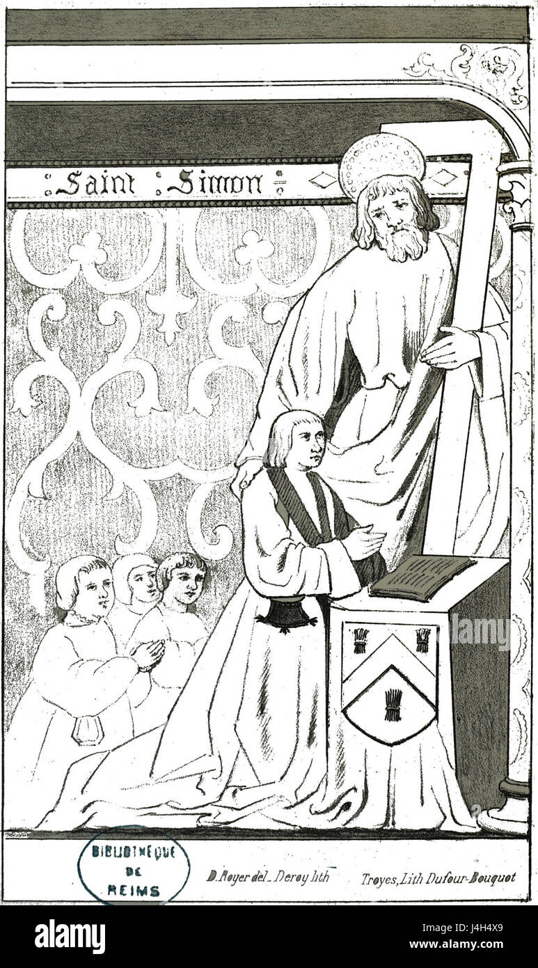 Simon Liboron était un artiste connu pour son travail dans le vitrail. Cette pièce, a vitrail (vitrail), reflète son habileté artistique à utiliser la lumière et la couleur pour créer des images religieuses et culturelles détaillées dans le verre. Banque D'Images