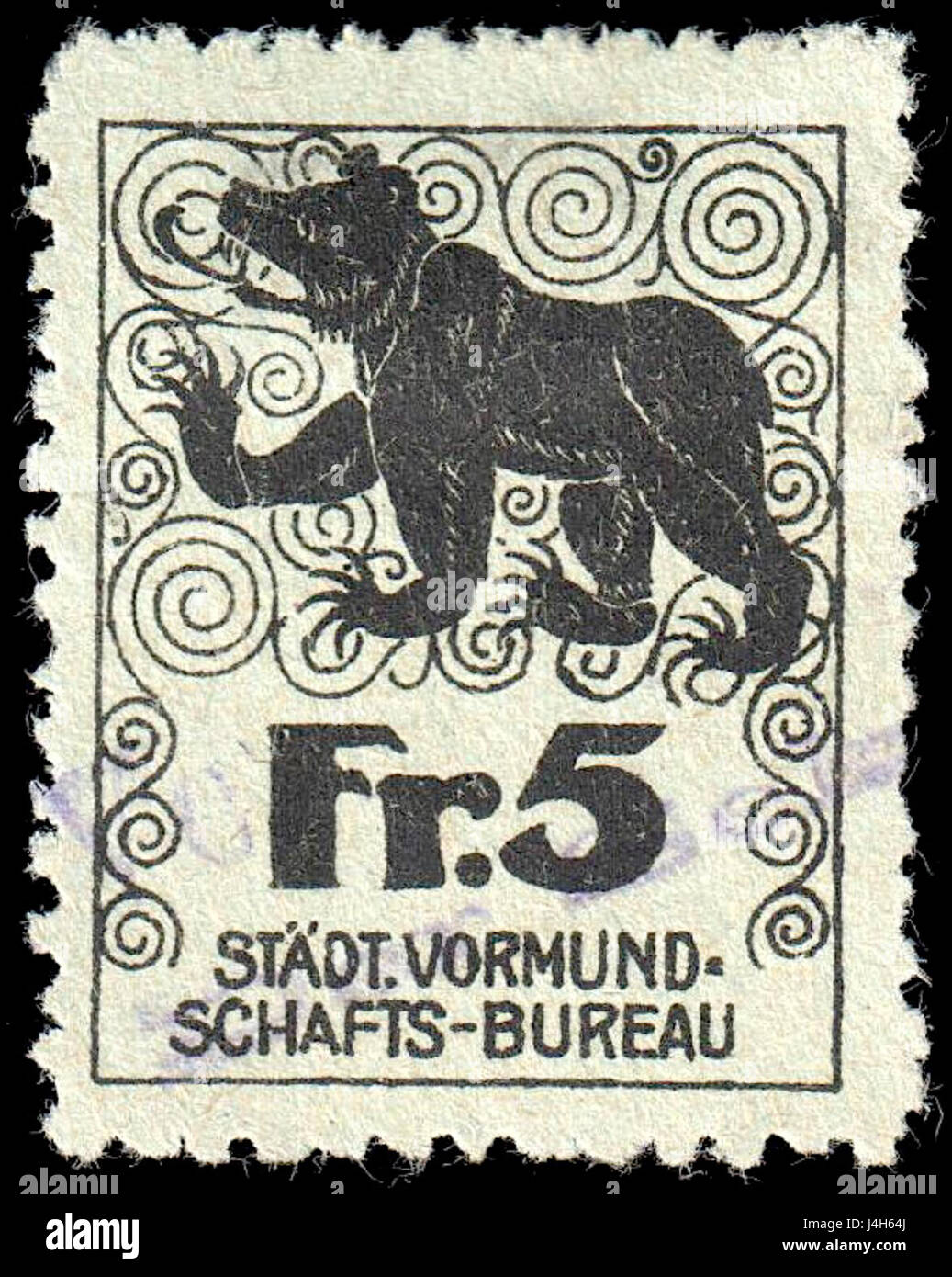 Le timbre fiscal suisse de 1935 de Berne fait partie de l'histoire postale, représentant une valeur de 5 francs suisses. Banque D'Images