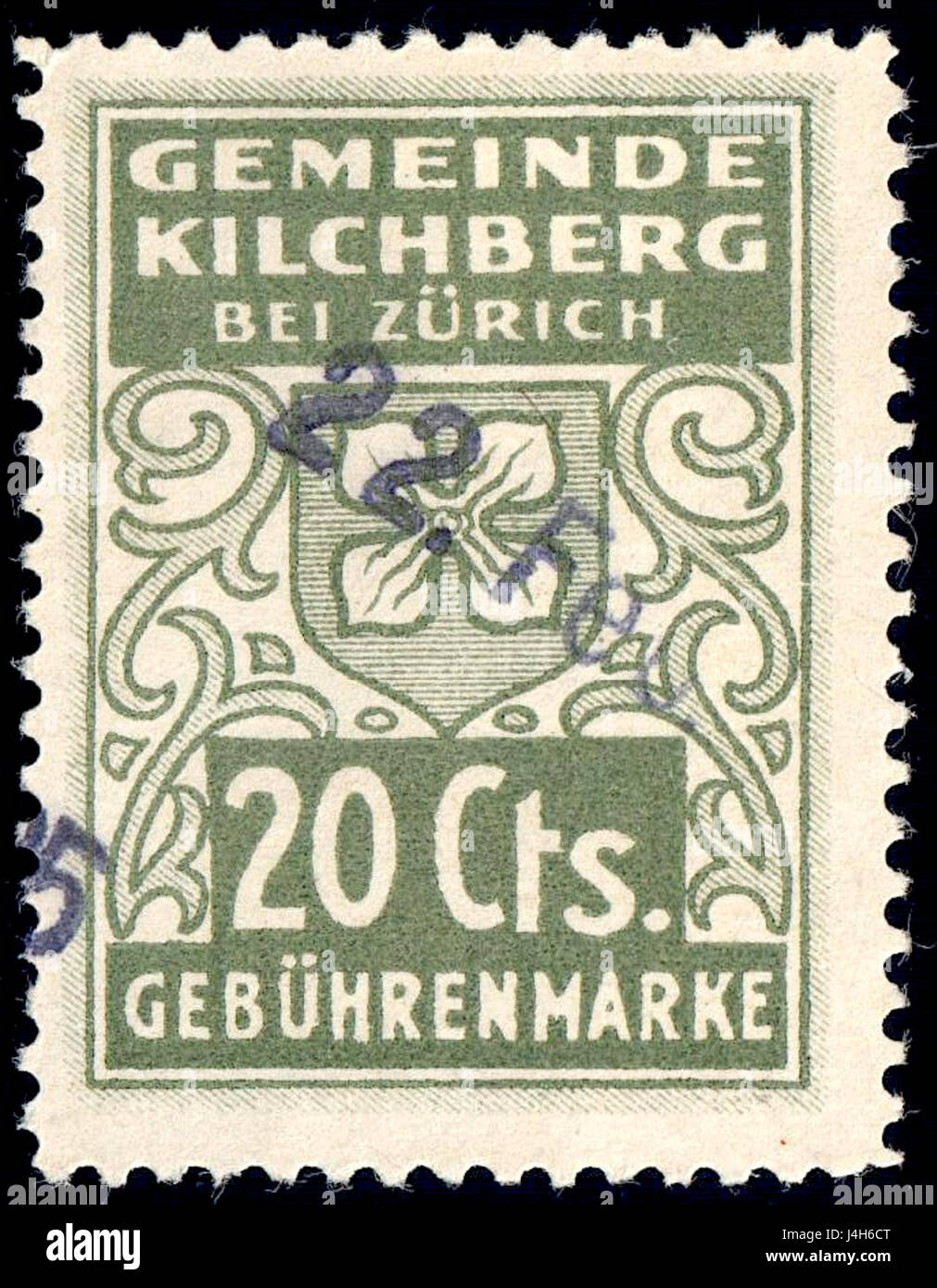 Le timbre fiscal suisse de 1941 de Kilchberg comporte une dénomination de 20 cents. Ce timbre faisait partie du système de recettes postales de countryâ€™, reflétant l'histoire postale suisse pendant la seconde Guerre mondiale et servant d'objet de collection clé pour les philatélistes. Banque D'Images