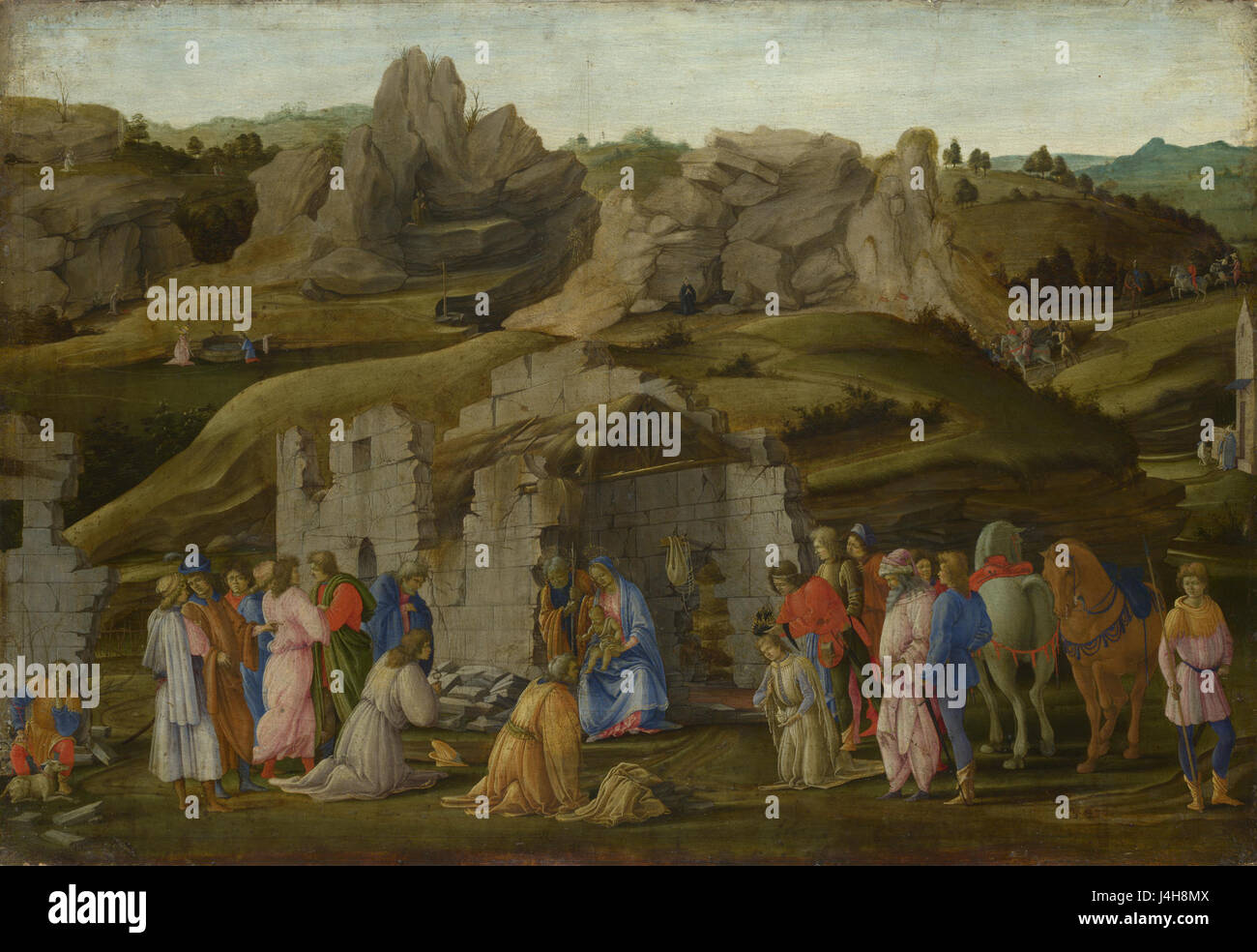 L'Adoration des Rois de Filippino Lippi représente la scène des trois Rois présentant des cadeaux à l'enfant Jésus. Connu pour son utilisation détaillée de la couleur et de l'émotion, le travail de Lippi est un exemple notable de l'art du début de la Renaissance, mettant l'accent sur les thèmes religieux et la narration. Banque D'Images