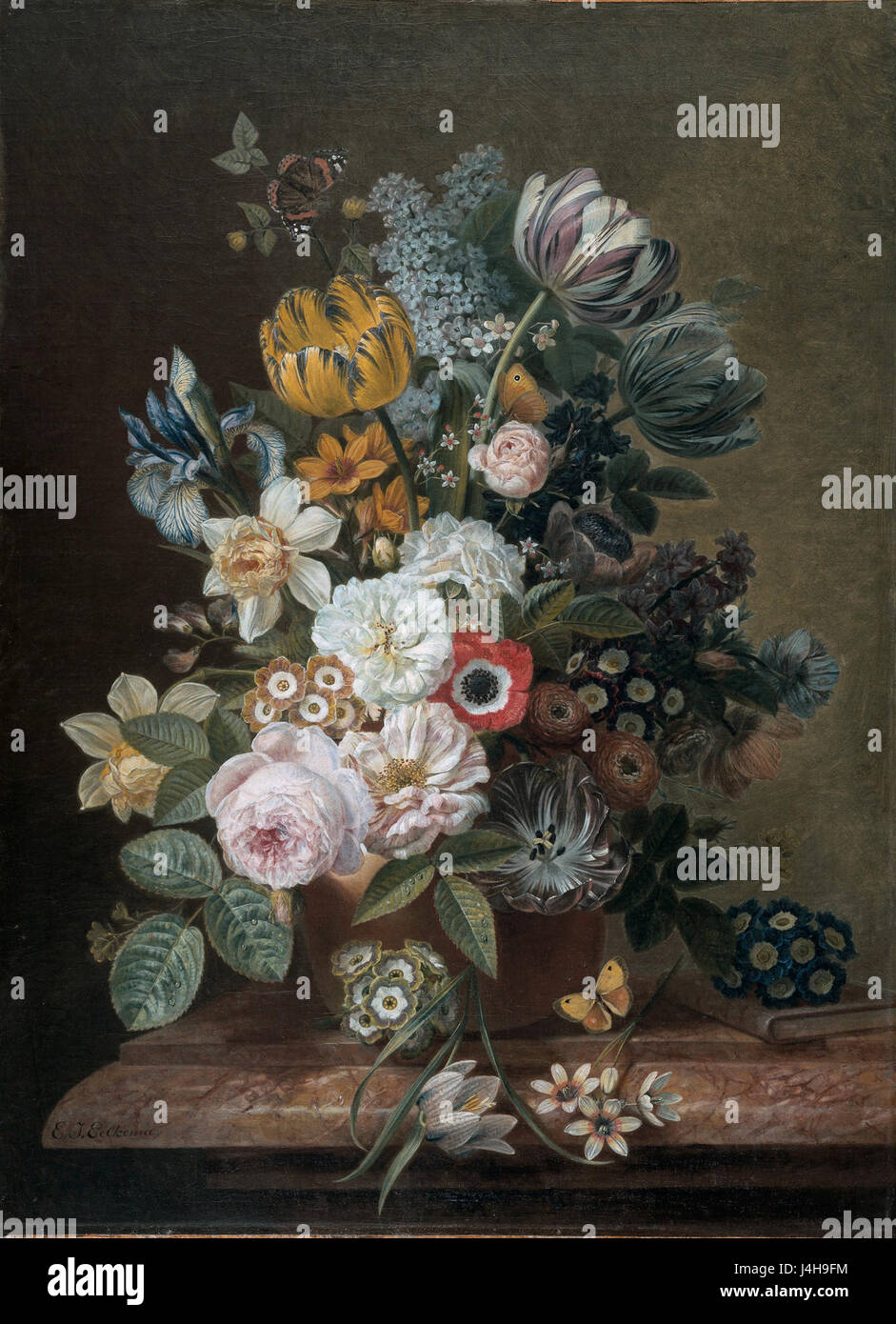 Une peinture de nature morte représentant des fleurs, abritée dans le Rijksmuseum, mettant en valeur l'art néerlandais du XVIIe siècle. Banque D'Images