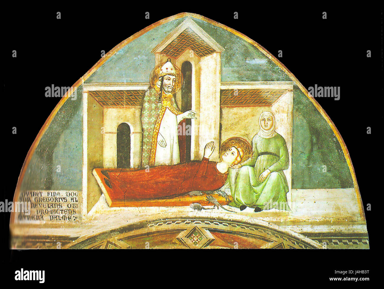 Cette œuvre, *S. Gregorio Annuncia la morte a Santa Fina*, est attribué à l’école Duccio, illustrant le moment où Gregory annonce la mort de Sainte Fina. La peinture est un exemple de l'art religieux médiéval, mettant en valeur des figures clés de l'hagiographie chrétienne. Banque D'Images