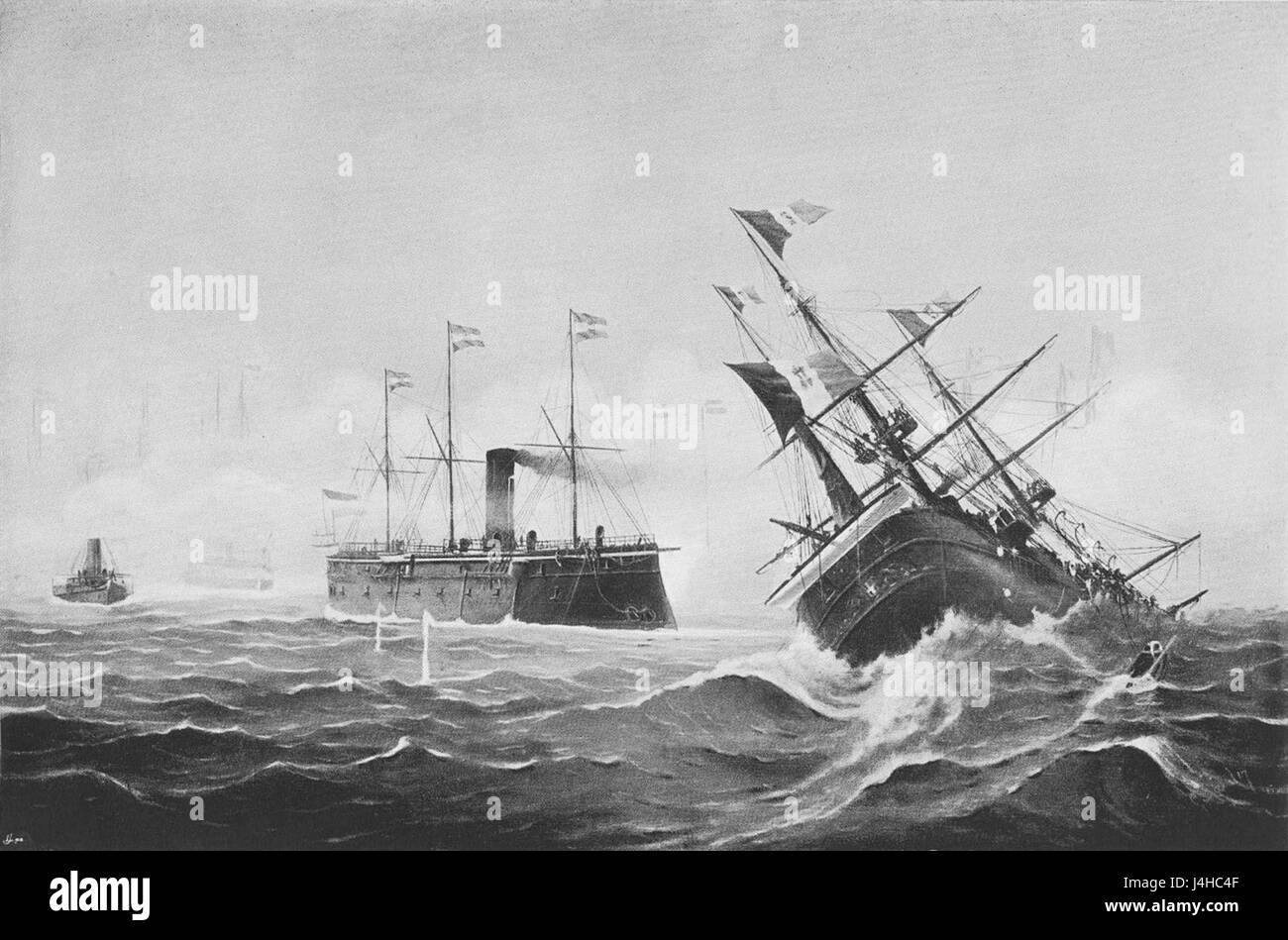 Le naufrage du cuirassé italien Re d'Italia s'est produit pendant la première Guerre mondiale, un événement naval important en Méditerranée. La perte du navire marque un tournant dans la guerre navale et l'histoire maritime italienne. Banque D'Images