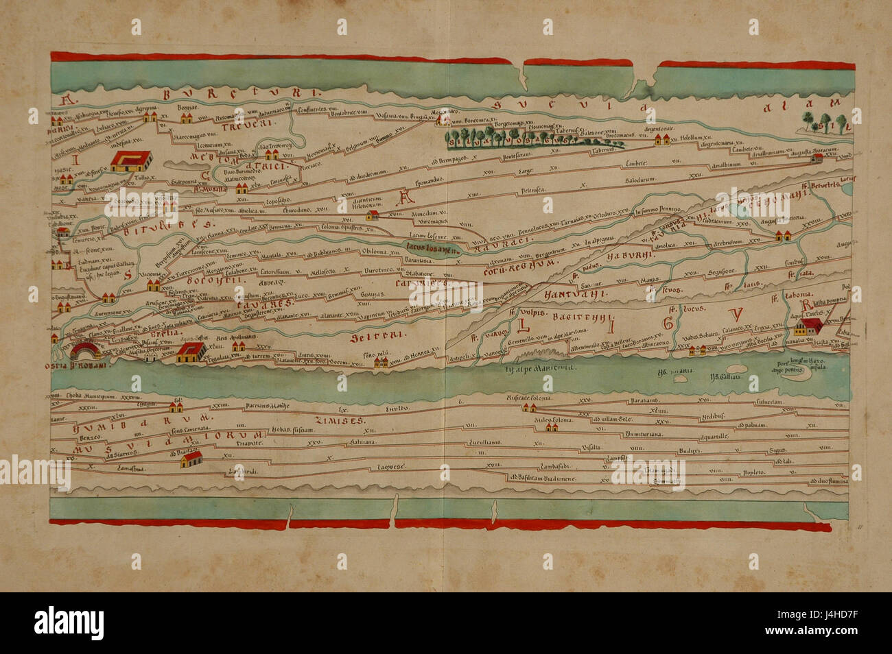 La Tabula Peutinger est une carte routière romaine créée au IVe siècle après JC. Ce bloc, créé par Scheyb, représente une partie de la célèbre carte qui documente le vaste réseau de routes romaines à travers l'Europe et au-delà. Banque D'Images