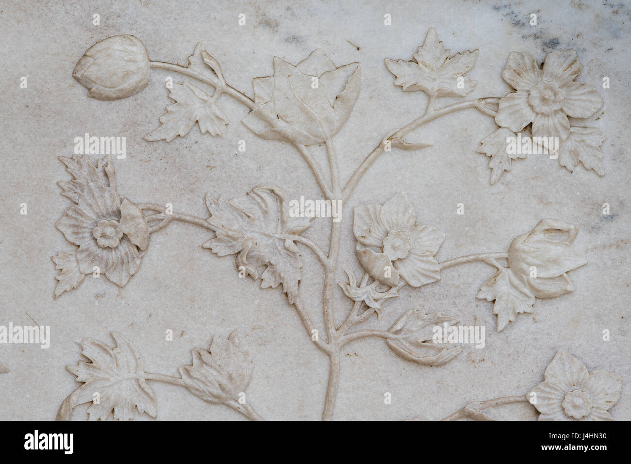 Reliefs floraux délicats sur les murs en marbre ivoire du Taj Mahal, situé à Agra, en Inde. Banque D'Images