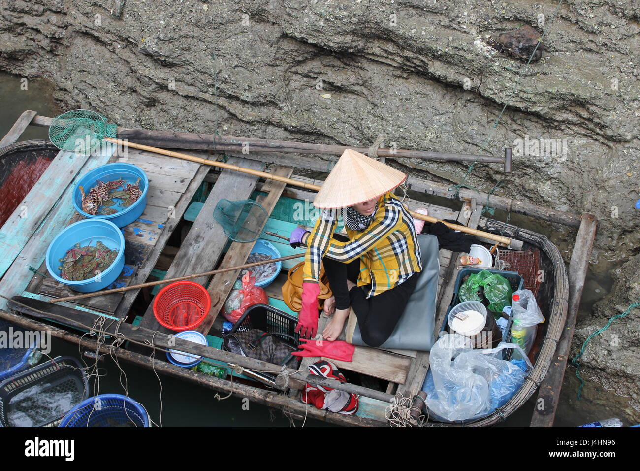 Vendeur de poisson vietnamien, Ha Long Bay, Vietnam Banque D'Images