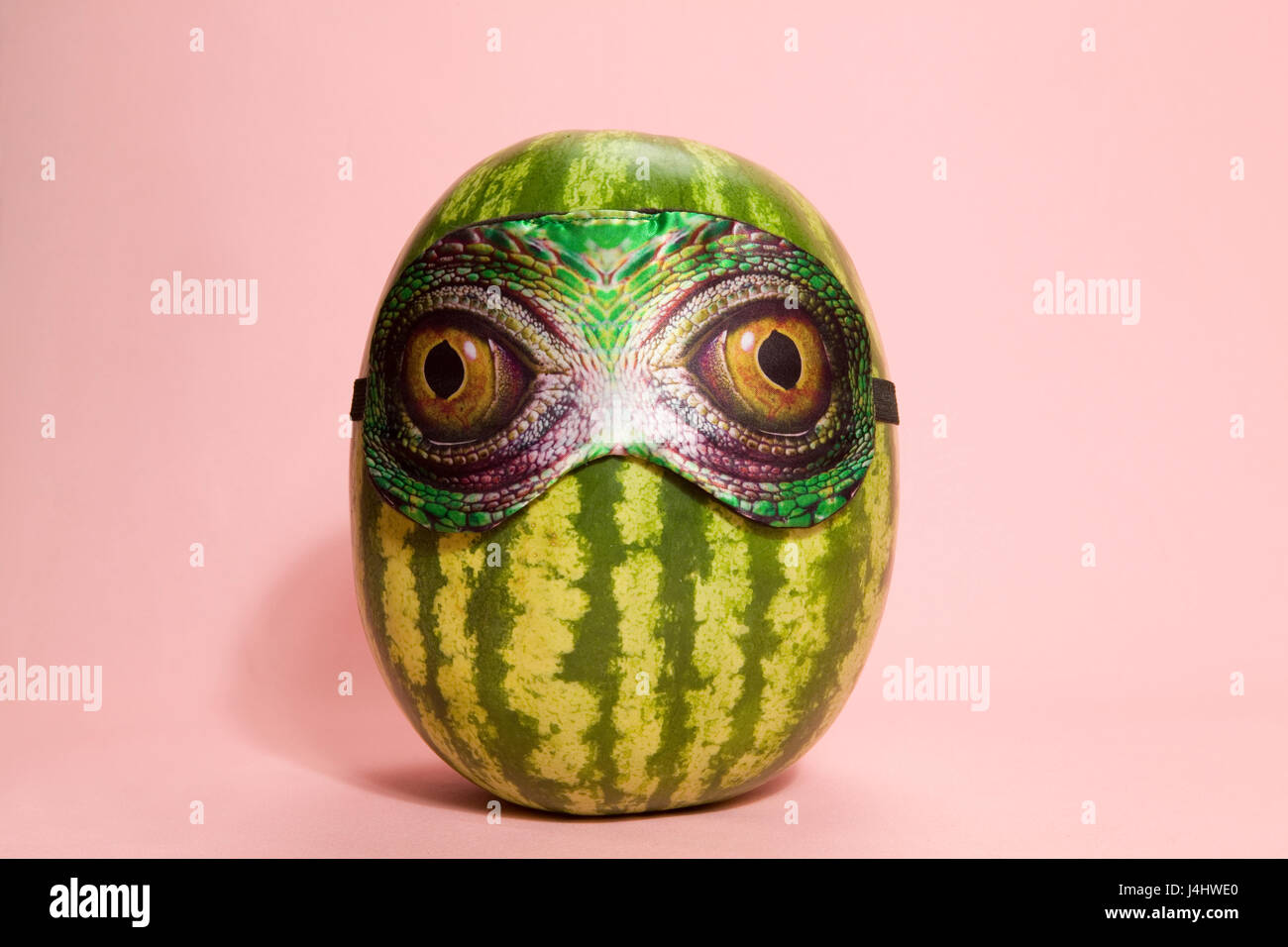 Freak watermelon portant un masque de sommeil de serpent un fond rose Banque D'Images