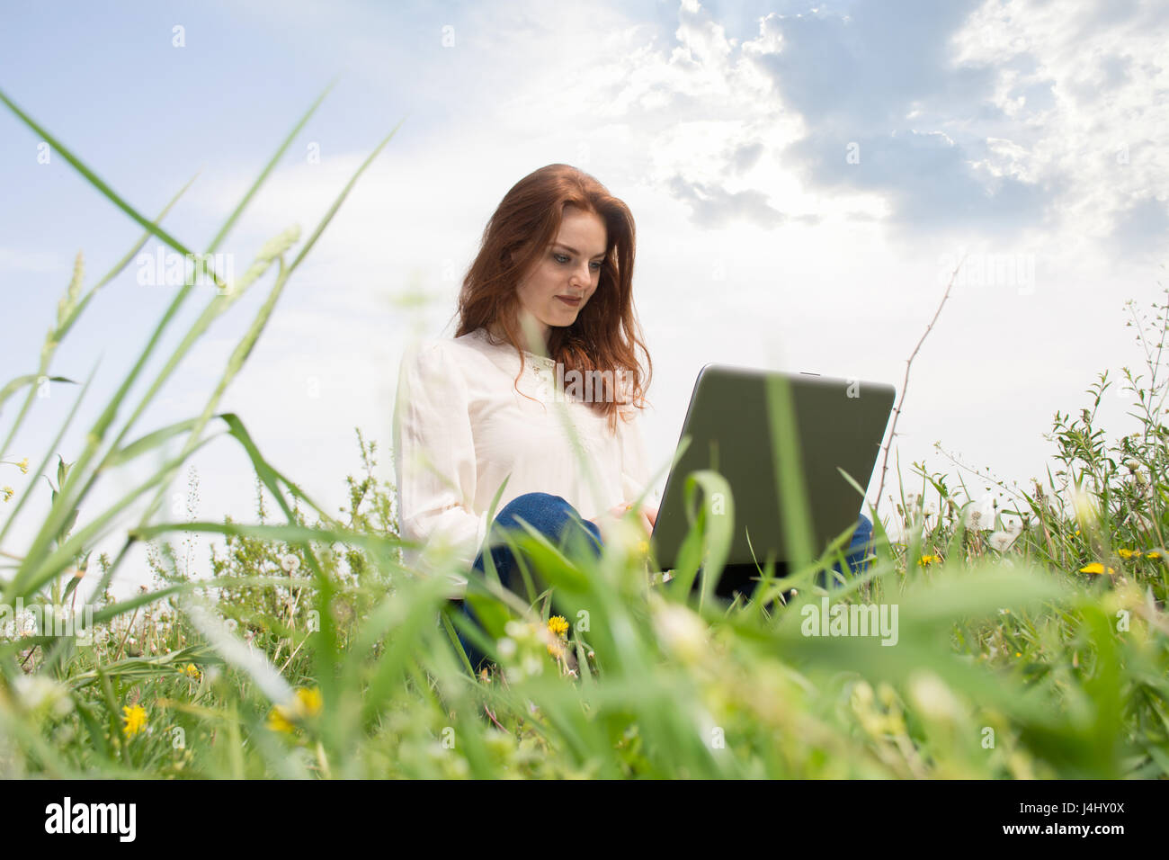 College student sitting on the grass travaillant sur ordinateur portable. Jeune fille rousse. Banque D'Images