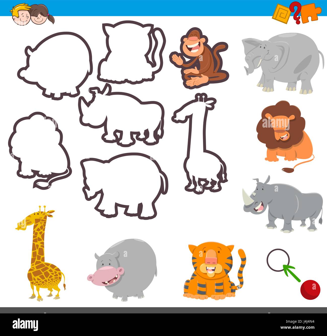 Cartoon Illustration de jeu éducatif de l'appariement de formes pour les enfants ayant des caractères des animaux Illustration de Vecteur