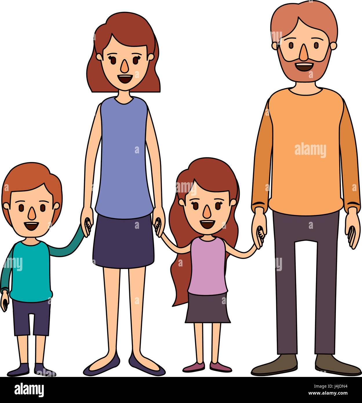 Image couleur caricature du groupe de la famille avec les parents et les petits enfants pris les mains Illustration de Vecteur