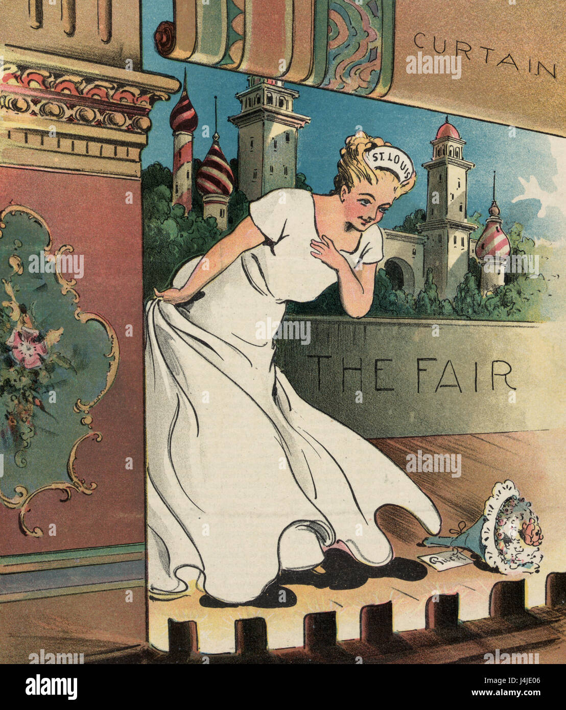 Bravo, Saint Louis ! L'illustration montre une femme appelée 'St. Louis' s'inclinant à la dernière pour Rideau l'achat de la Louisiane ; Exposition des bâtiments de l'exposition sont visibles en arrière-plan. Caricature politique, 1904 Banque D'Images