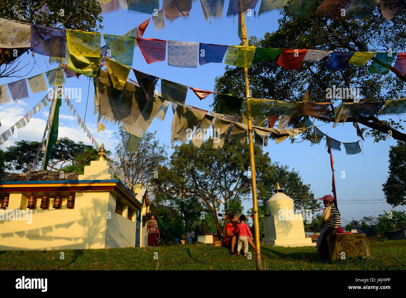 Le Népal Pokhara, camp de réfugiés tibétain stupa, Prithvi avec la prière flages / NÉPAL Pokhara, tibetisches Fluechtlingslager Tashi Ling, Stupa mit Gebetsfahnen Banque D'Images