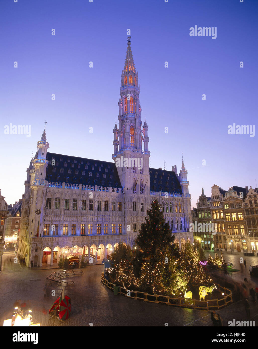 Belgique, Bruxelles, place de la ville, l'hôtel de ville, arbre de Noël, illuminations de Noël, tombée de l'Europe, l'Europe de l'Ouest, Royaume de Belgique, Bruxelles, Bruxelles, capitale, siège du pouvoir, de la ville, partie de la ville, centre-ville, de la construction, de la structure, l'architecture, les lumières, l'éclairage, yule marée, Noël, pour Noël, éclairé aux chandelles, rallyes, arbre de Noël, le soir, au crépuscule Banque D'Images